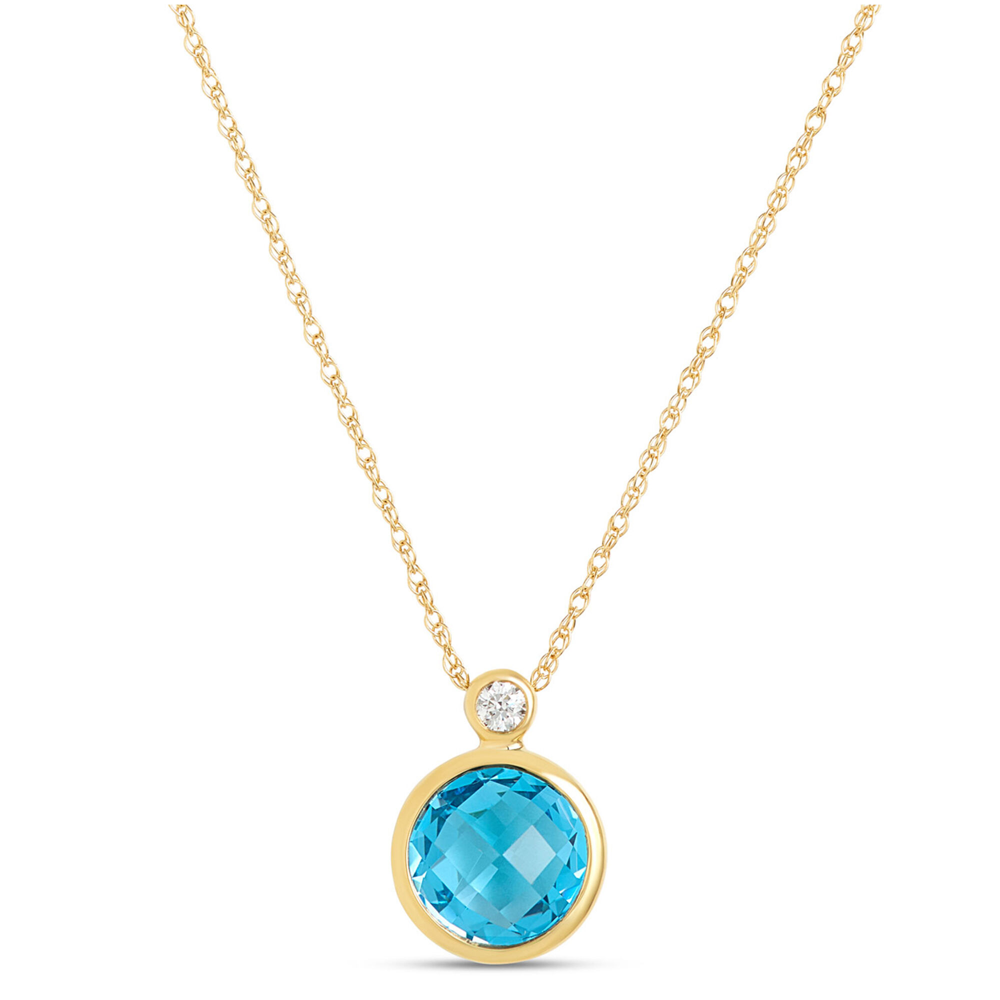 Round Blue Topaz Pendant Necklace, 14K Yellow Gold