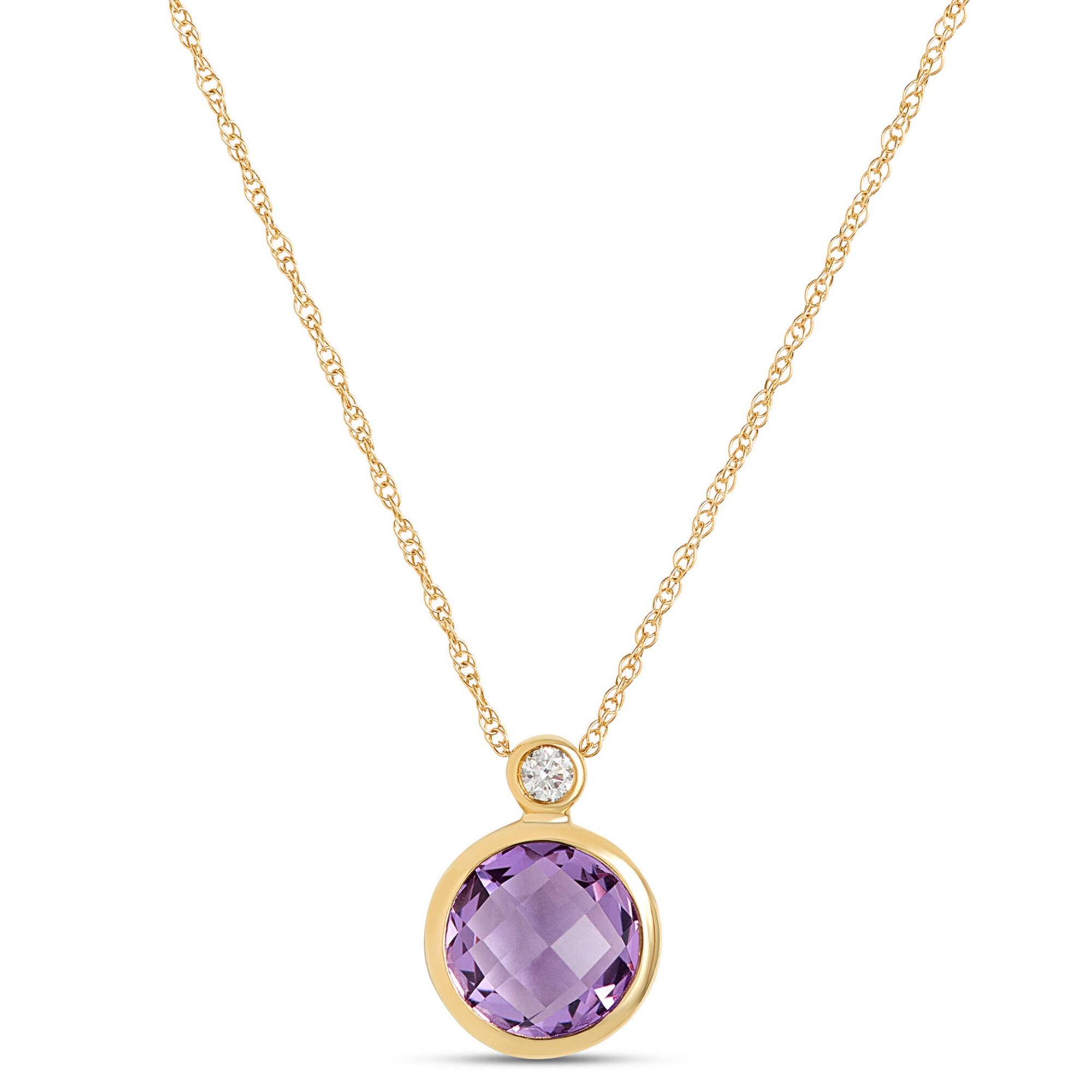 Round Amethyst Pendant Necklace, 14K Yellow Gold
