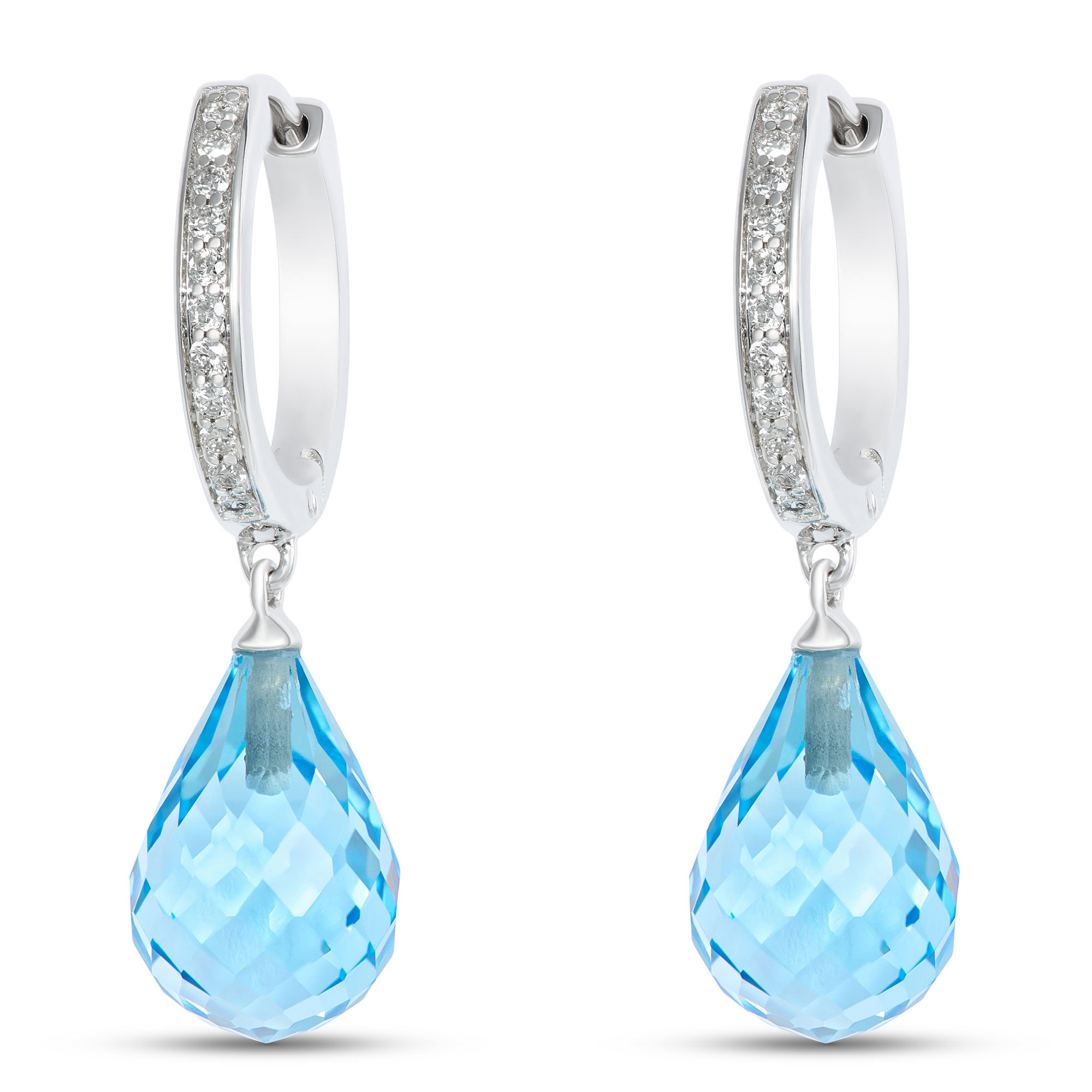 Blue Topaz Drop Earrings with Diamond Hoops, 14K White Gold