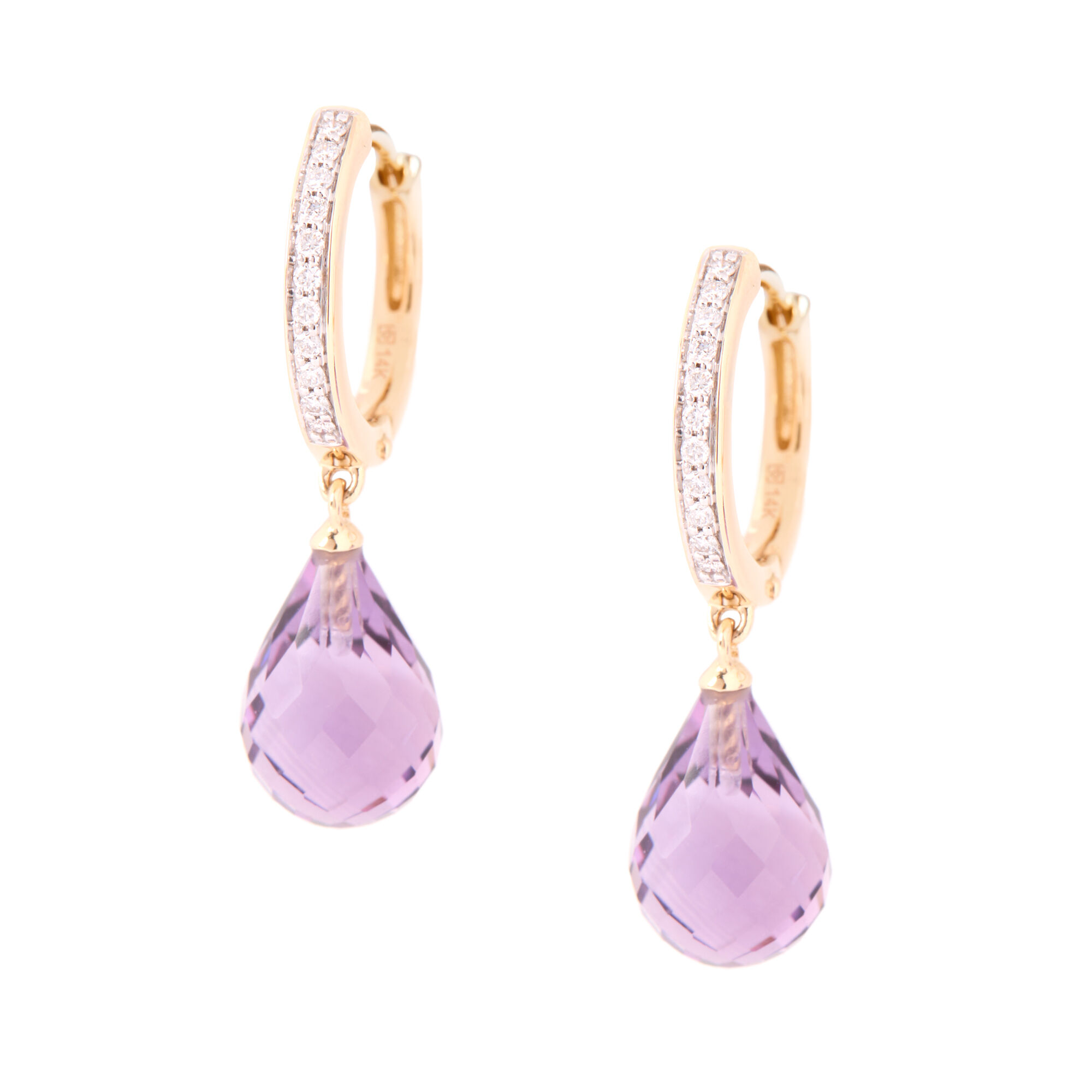 Briolette Cut Amethyst and Round Diamond Earrings, 14K Yellow Gold