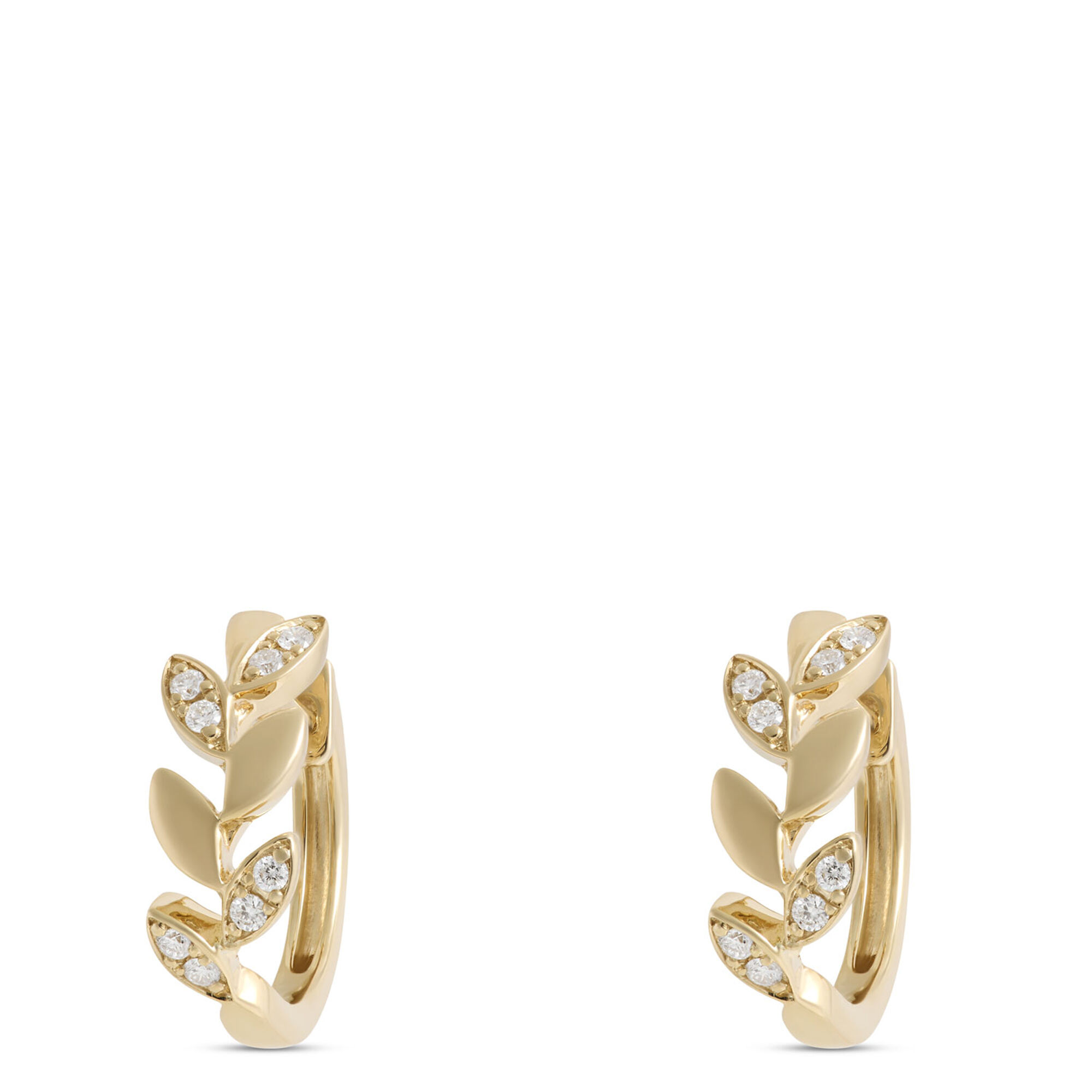 Leaf Shaped Hoops with Diamonds, 14K Yellow Gold