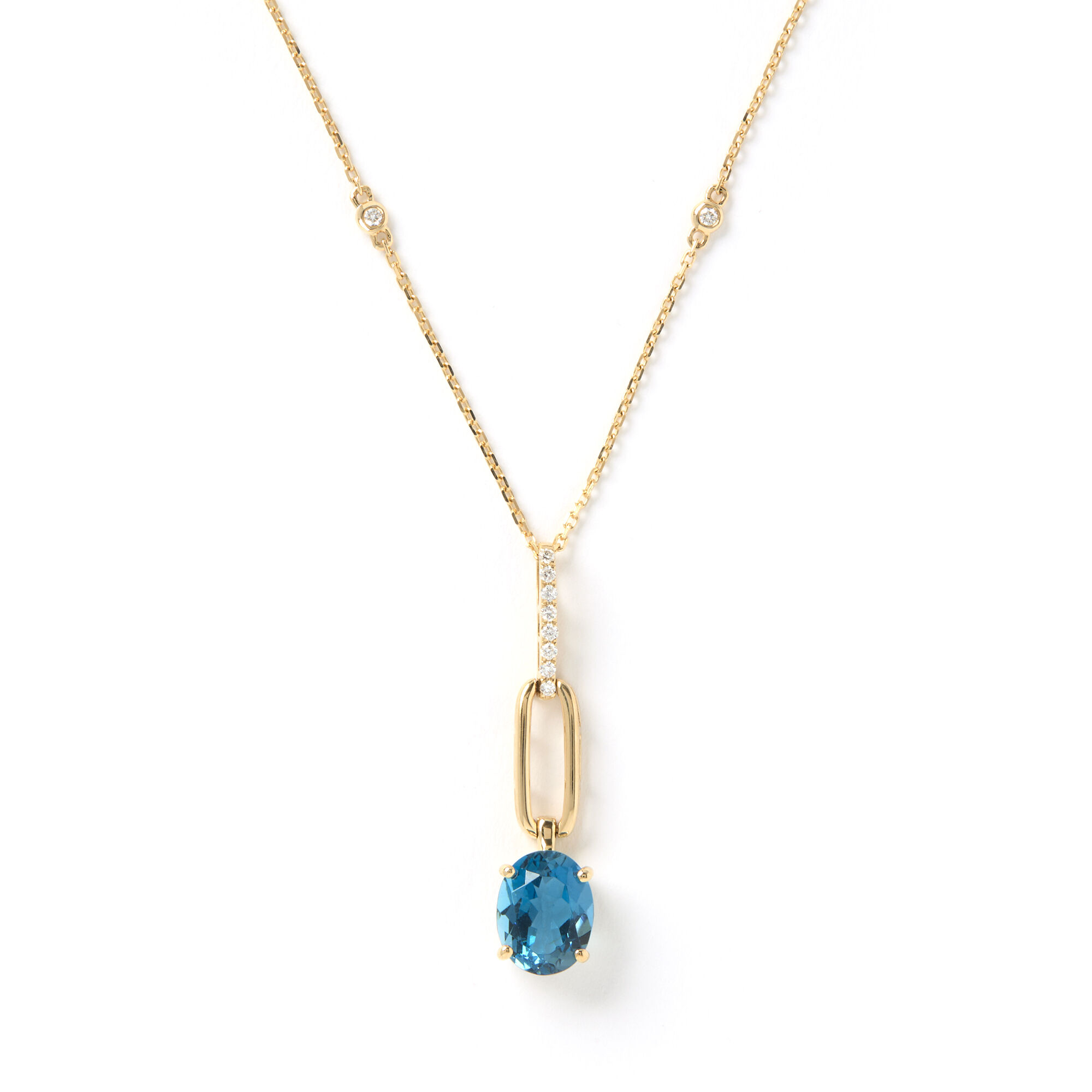 Blue Topaz and Diamond Pendant with Diamond Station Chain