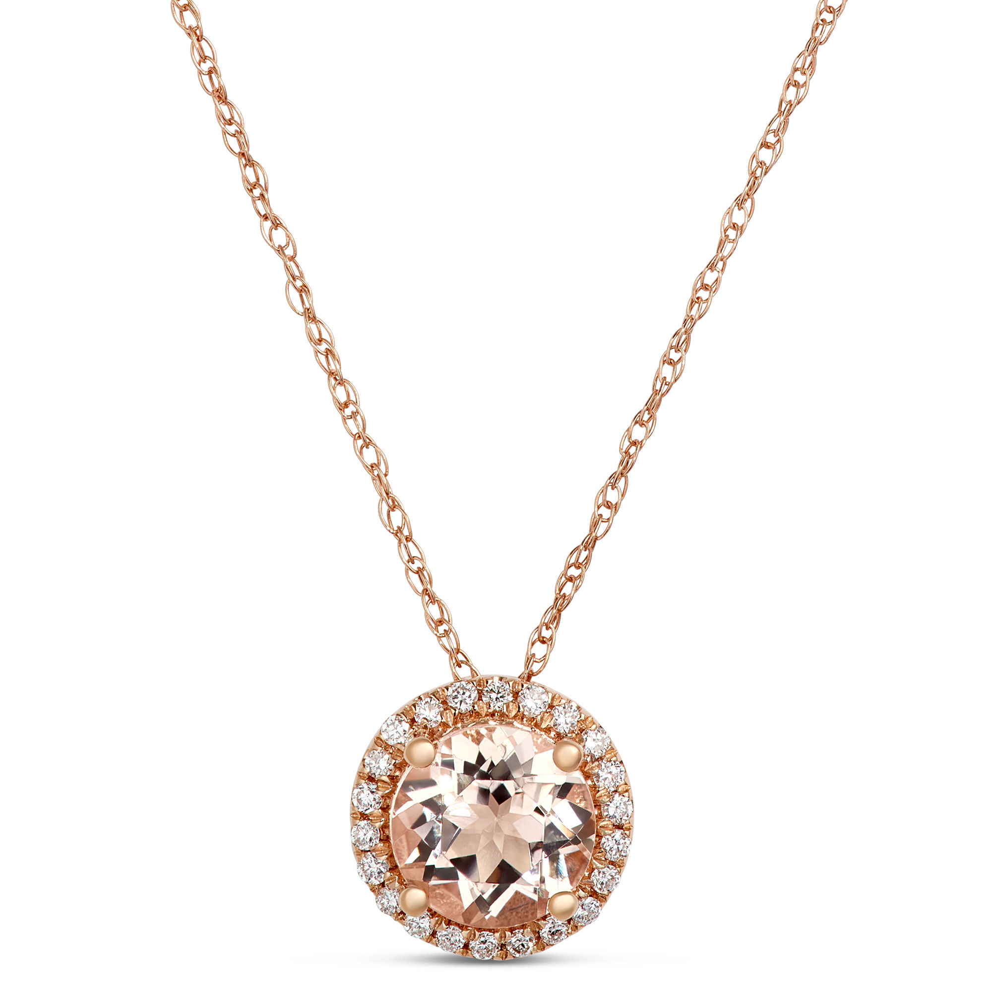 Morganite and Diamond Halo Pendant Necklace, 14K Rose Gold