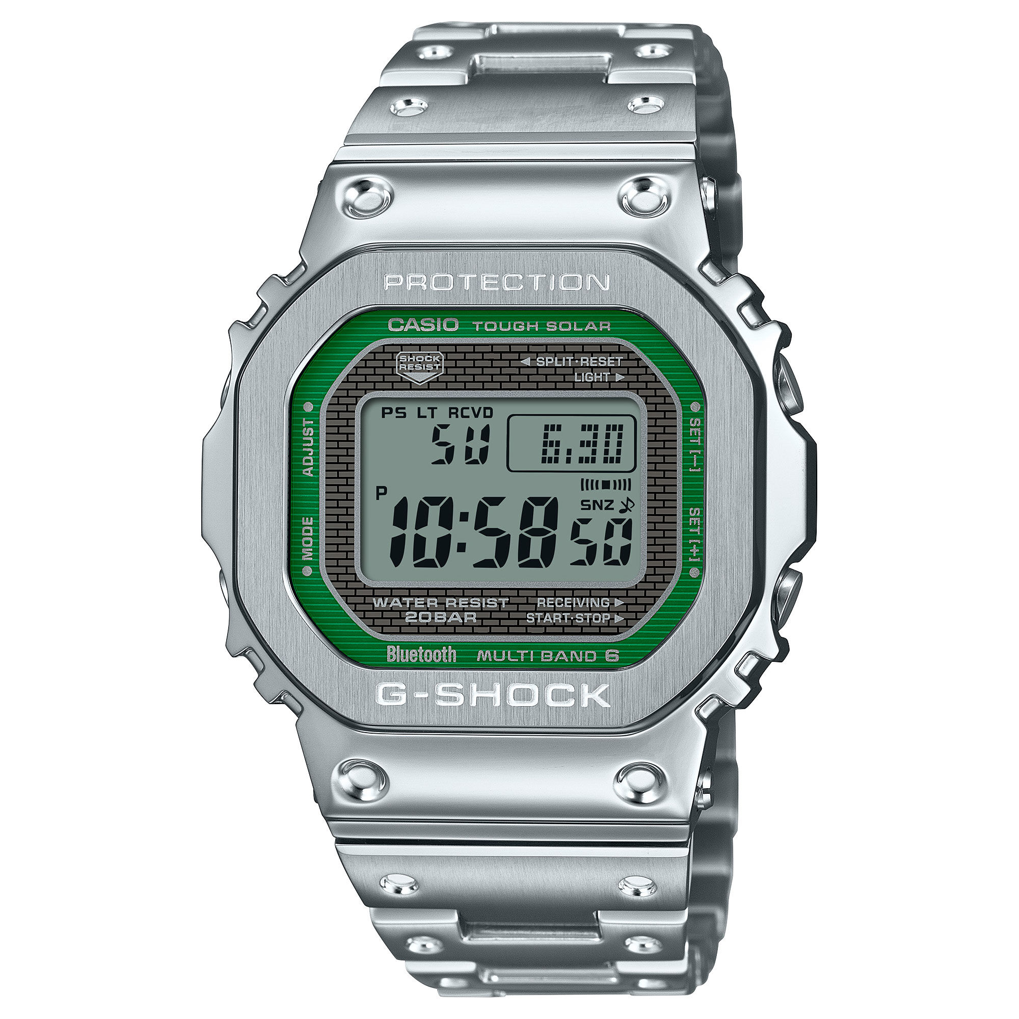 G-Shock Full Metal Silver and Green Outline Dial Watch, 43.2mm