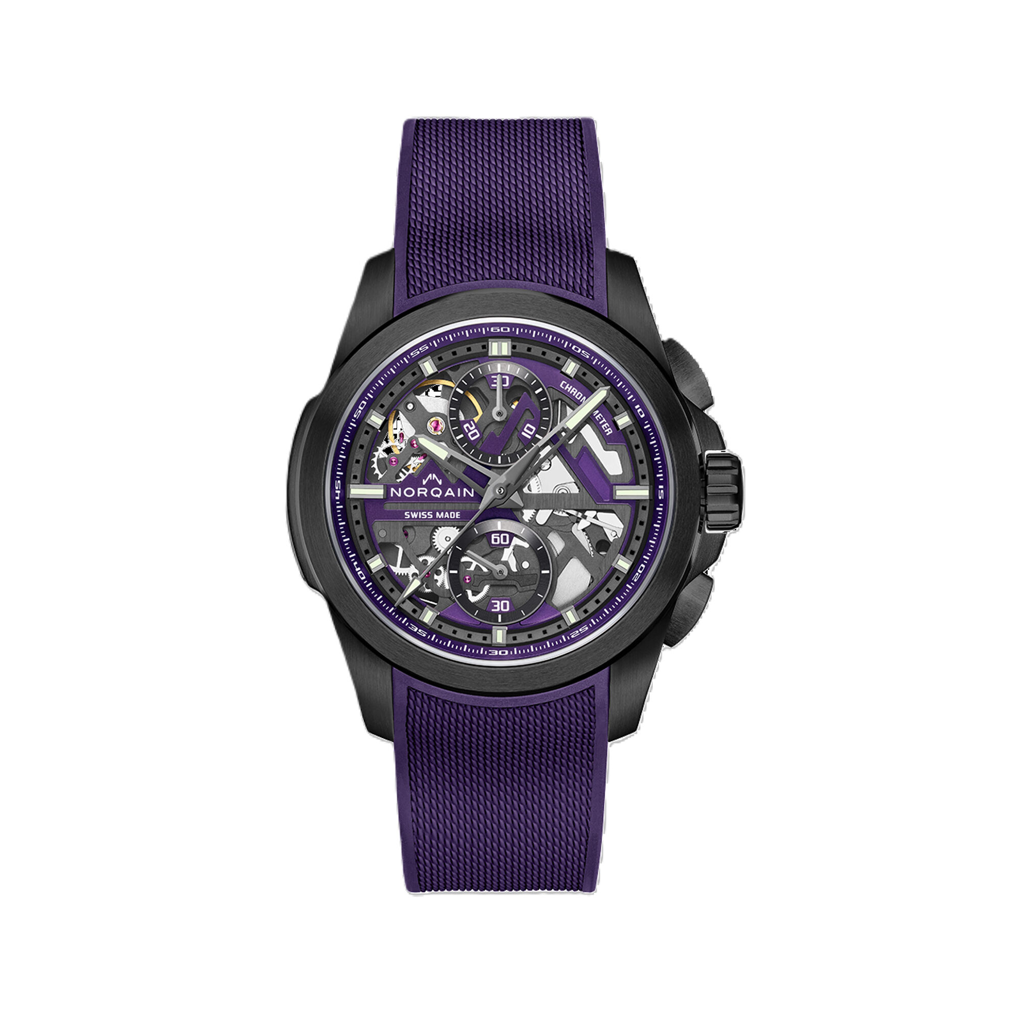 NORQAIN Independence Skeleton Dial Chrono Purple Strap Watch, 42 mm