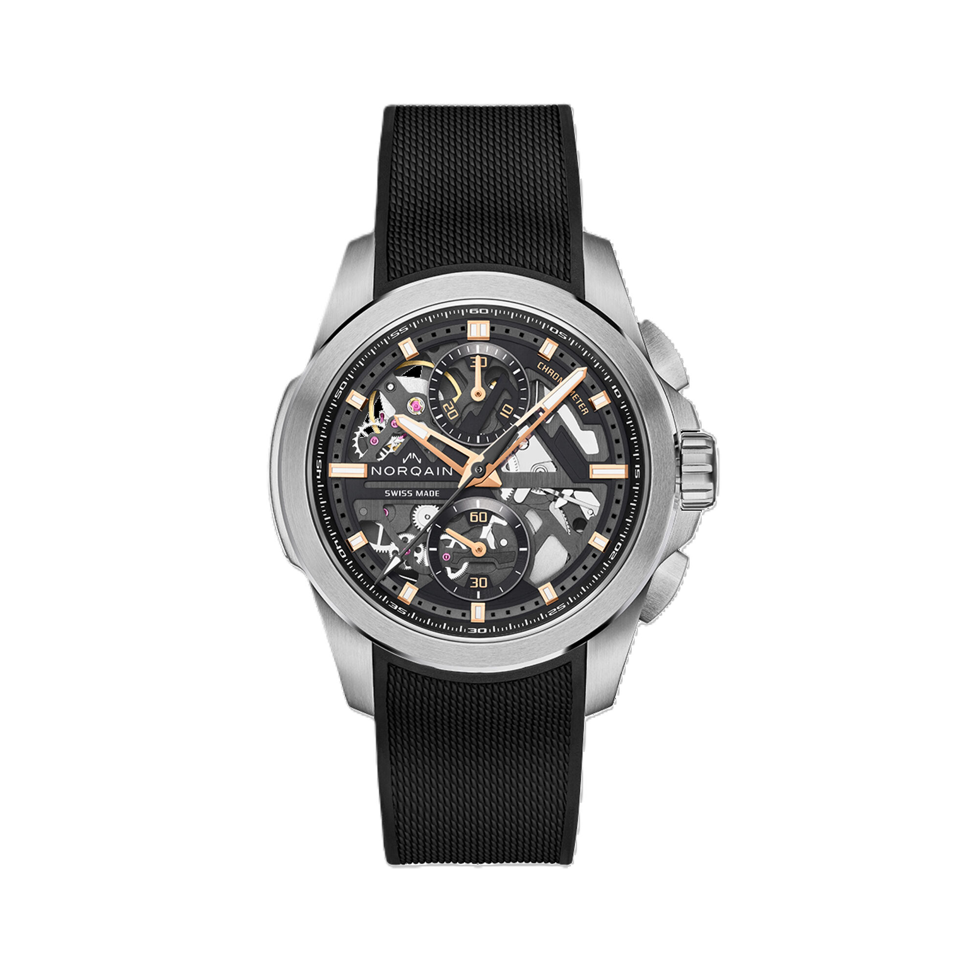 NORQAIN Independence Skeleton Dial Chrono Black Rubber Strap Watch, 42 mm