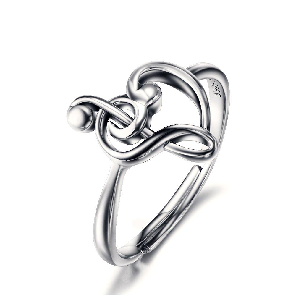 Sterling Silver Treble Clef Bass Heart Music Note Ring For Women Resizable Ring
