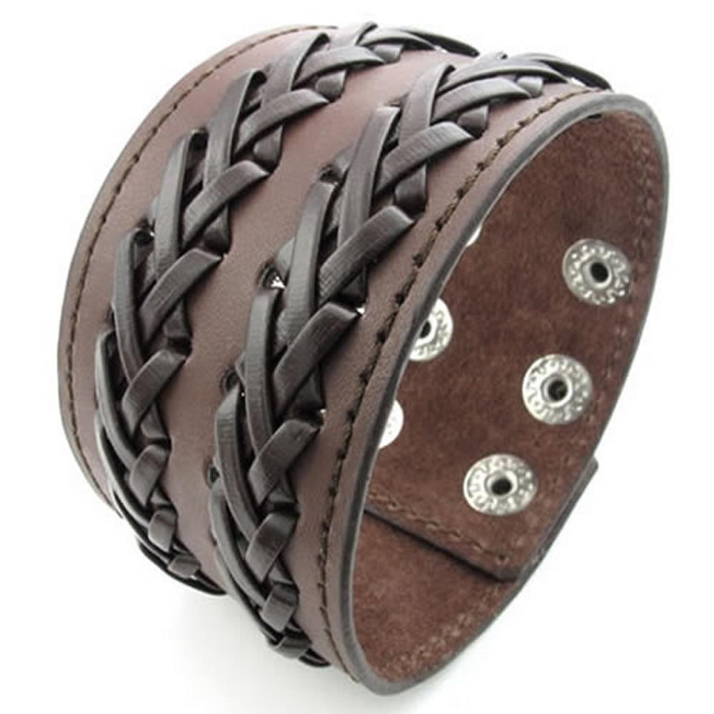 Men Leather Bracelet, Wide Cuff Bangle, Fit 7-8.5 inch, Brown
