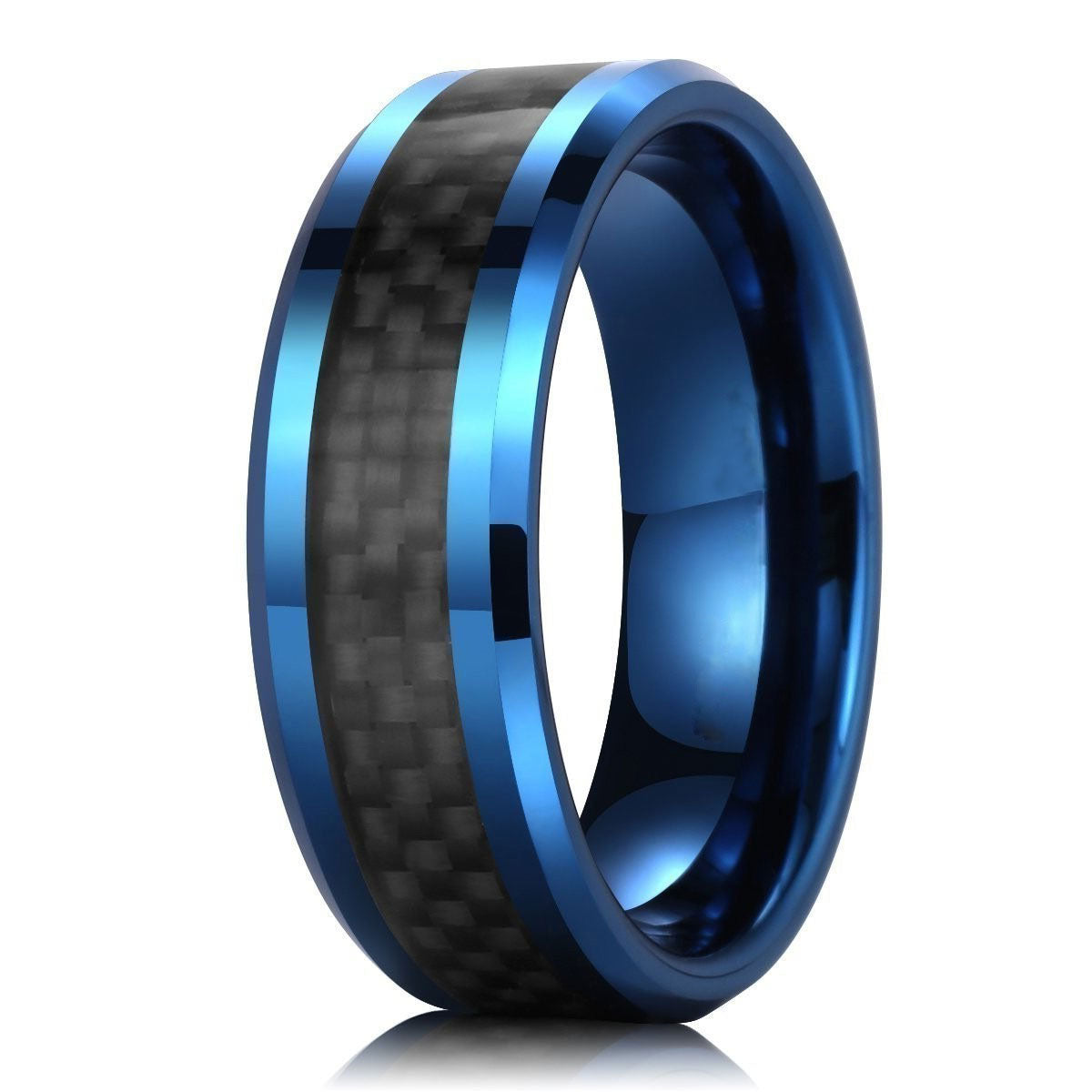 GENTLEMAN 8mm Blue Tungsten Carbide Ring Black Carbon Fiber Wedding Band Polished Finish Comfort Fit