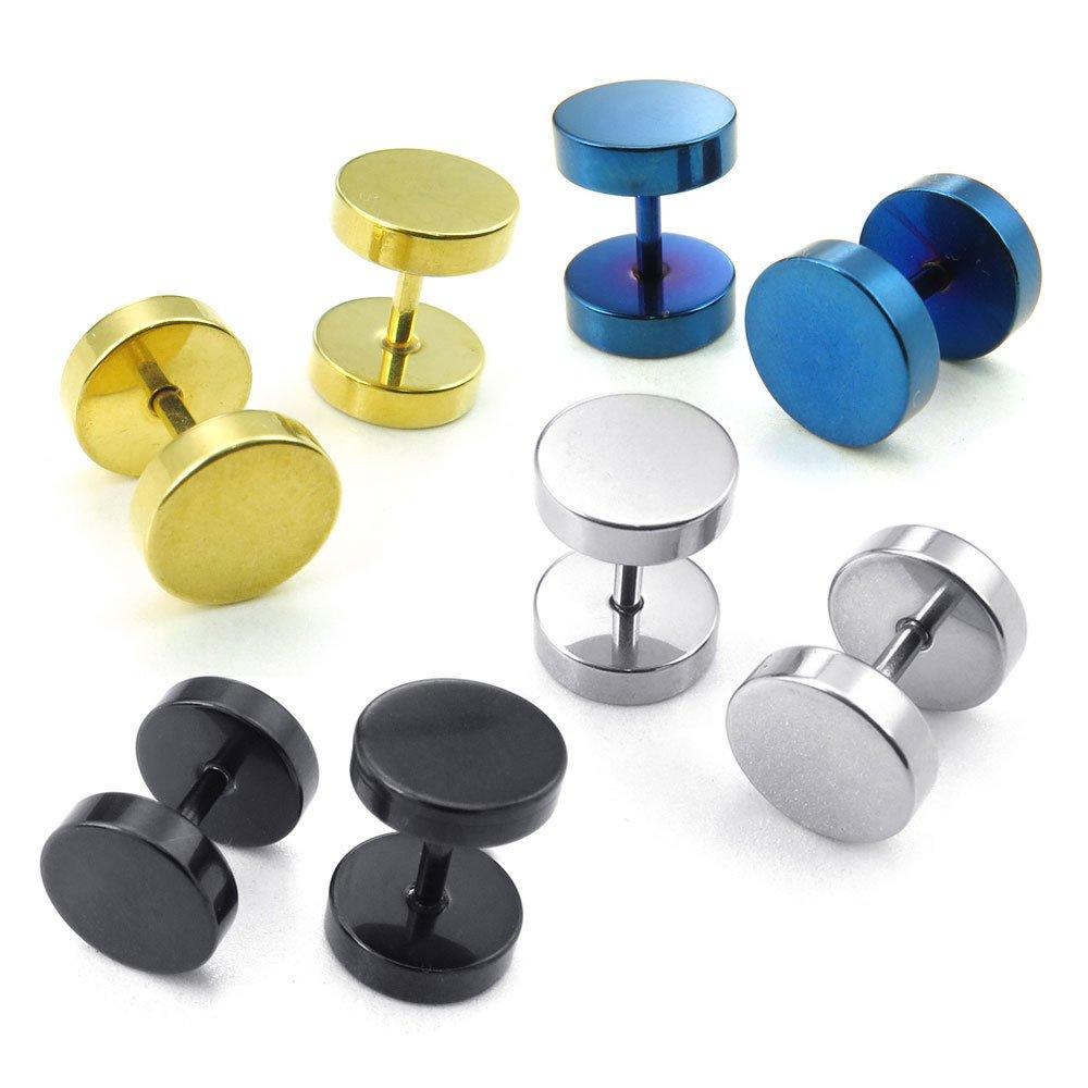 Men Stainless Steel 4 Pairs 8 PCS Round Stud Earrings Set, Blue Gold Black Silver