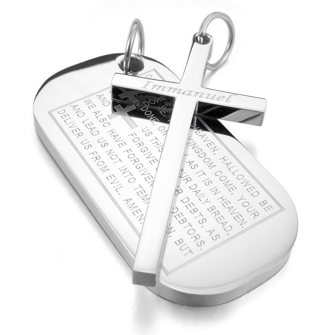 Men's Stainless Steel Pendant Necklace Silver Tone Dog Tag Cross English Bible Lords Prayer