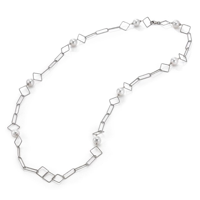 White Pearl and Diamond Cut Alternating Necklace