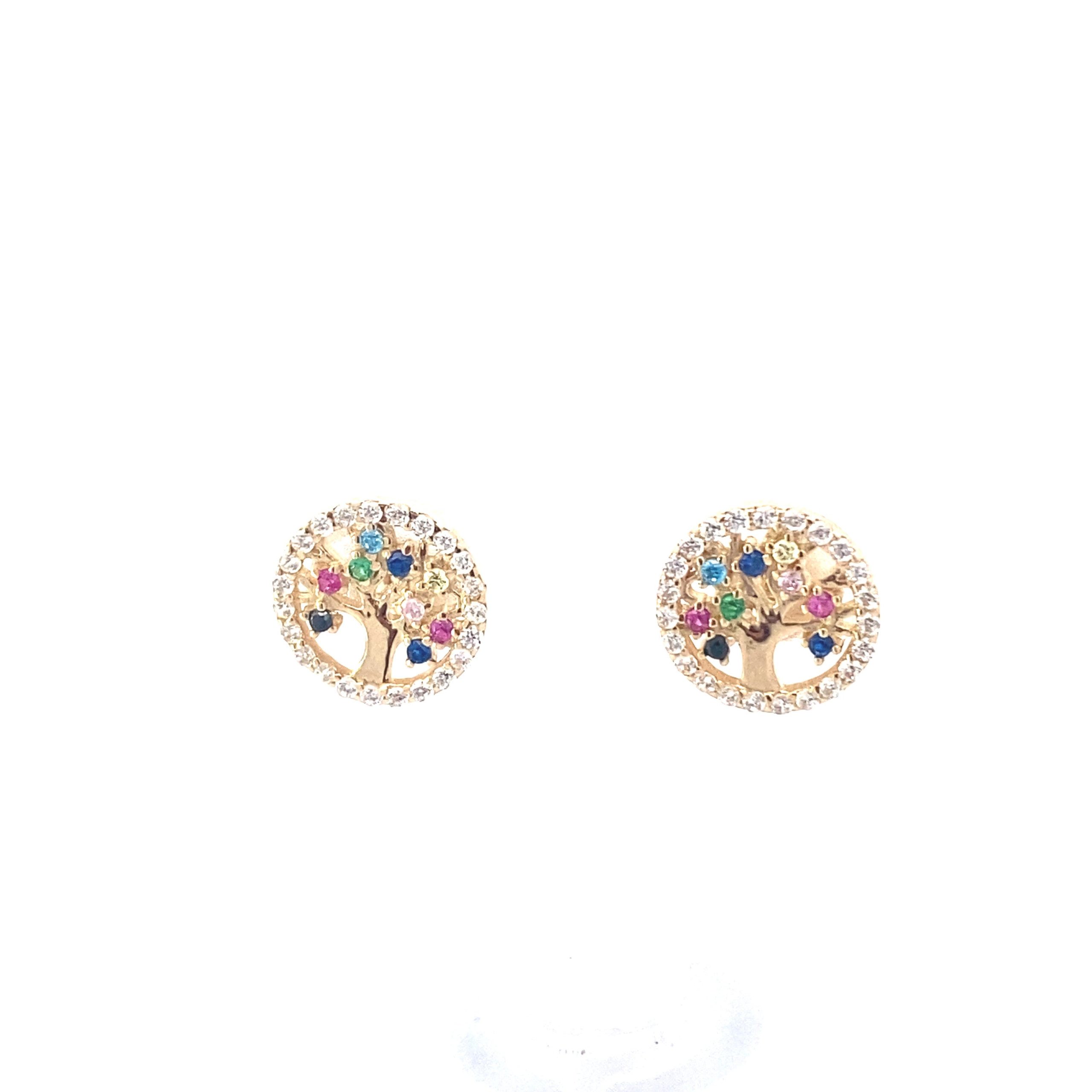 14K Gold Tree of Life Multi Color Stud