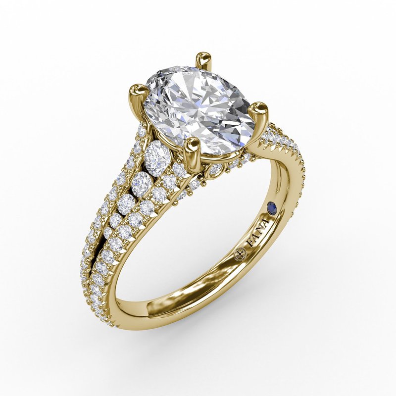 18K Yellow Gold Oval Diamond Solitaire Semi-Mount Engagement Ring With Triple-Row Tapered Diamond Band