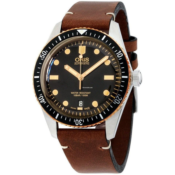 Oris Men's 73377074354LSDRKBRN Divers Sixty-Five Brown Leather Watch