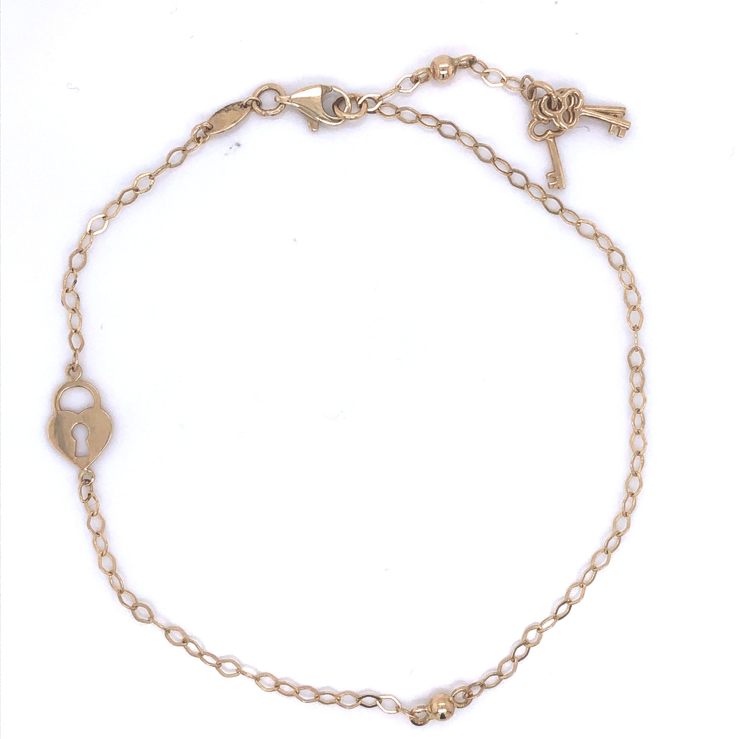 Heart Padlock Charm & Keys 14k Gold Anklet Bracelet