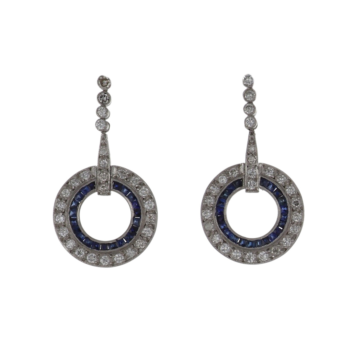 Estate Platinum Diamond Circular Drop Earrings with Sapphires
