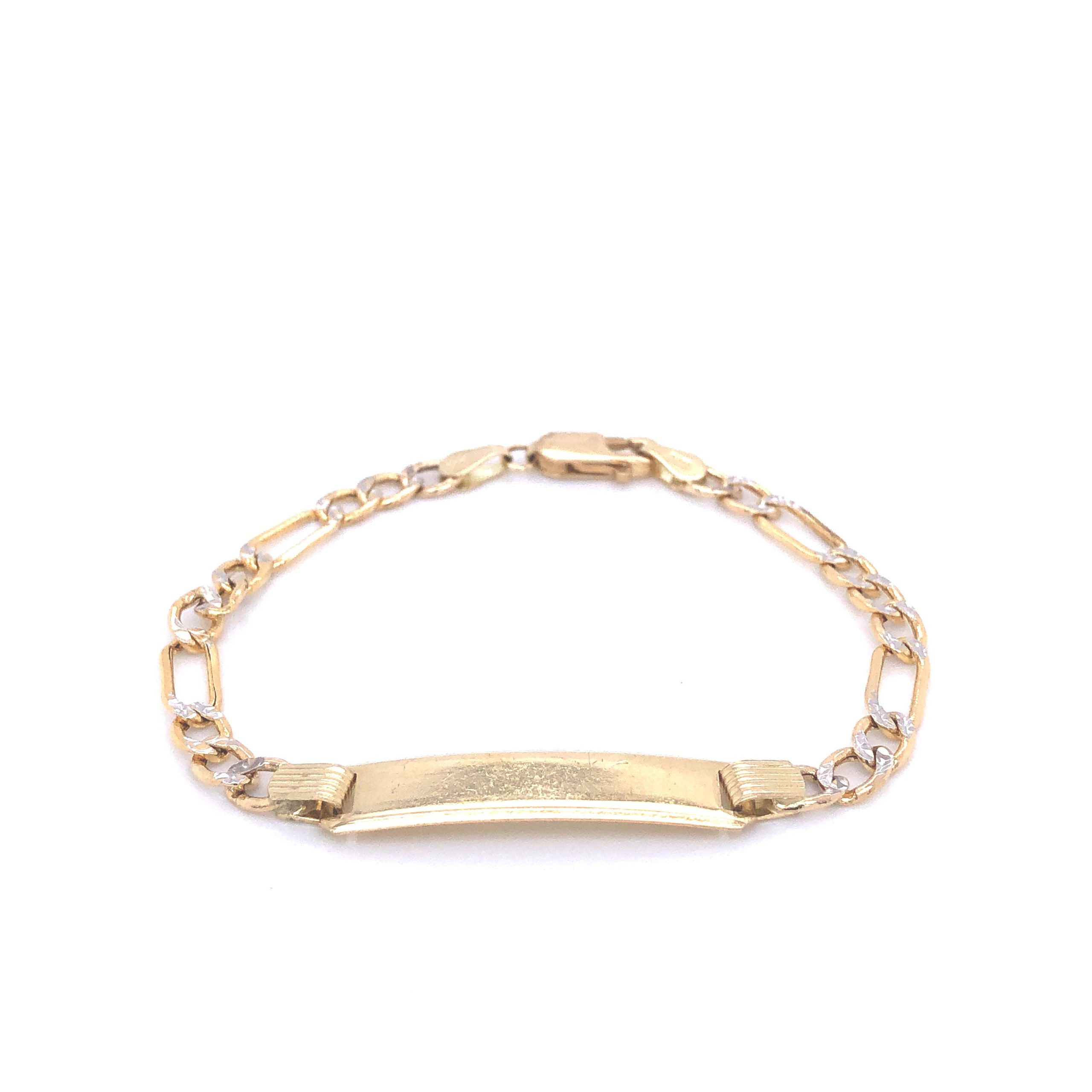 14K Figaro Link Long Plate for Engraving Tri-Color Gold Bracelet