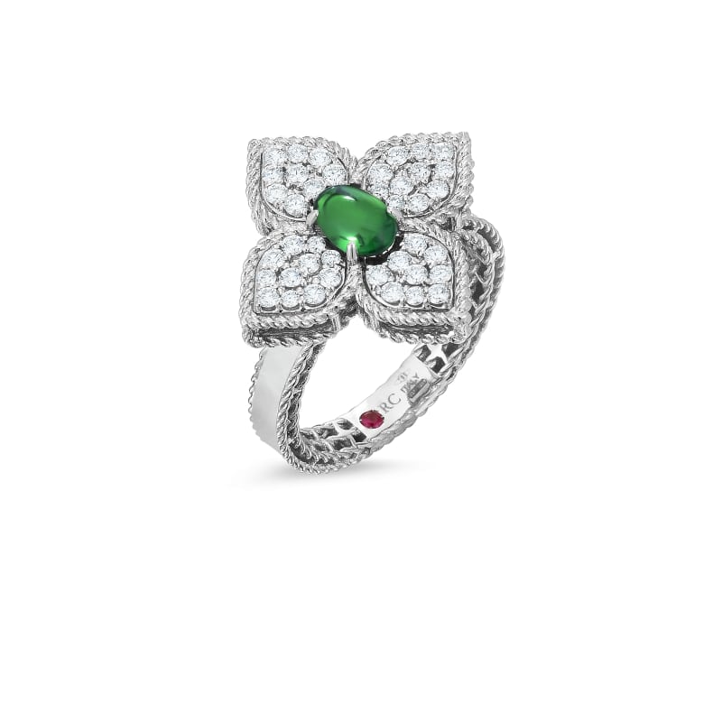 ROBERTO COIN 18K DIAMOND & TSAVORITE FLOWER RING FROM THE PRINCESS FLOWER