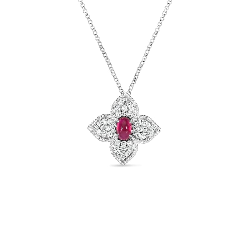 ROBERTO COIN 18K GOLD, DIAMOND & RUBY CABOCHON PRINCESS FLOWER LG PENDANT FROM THE PRINCESS FLOWER