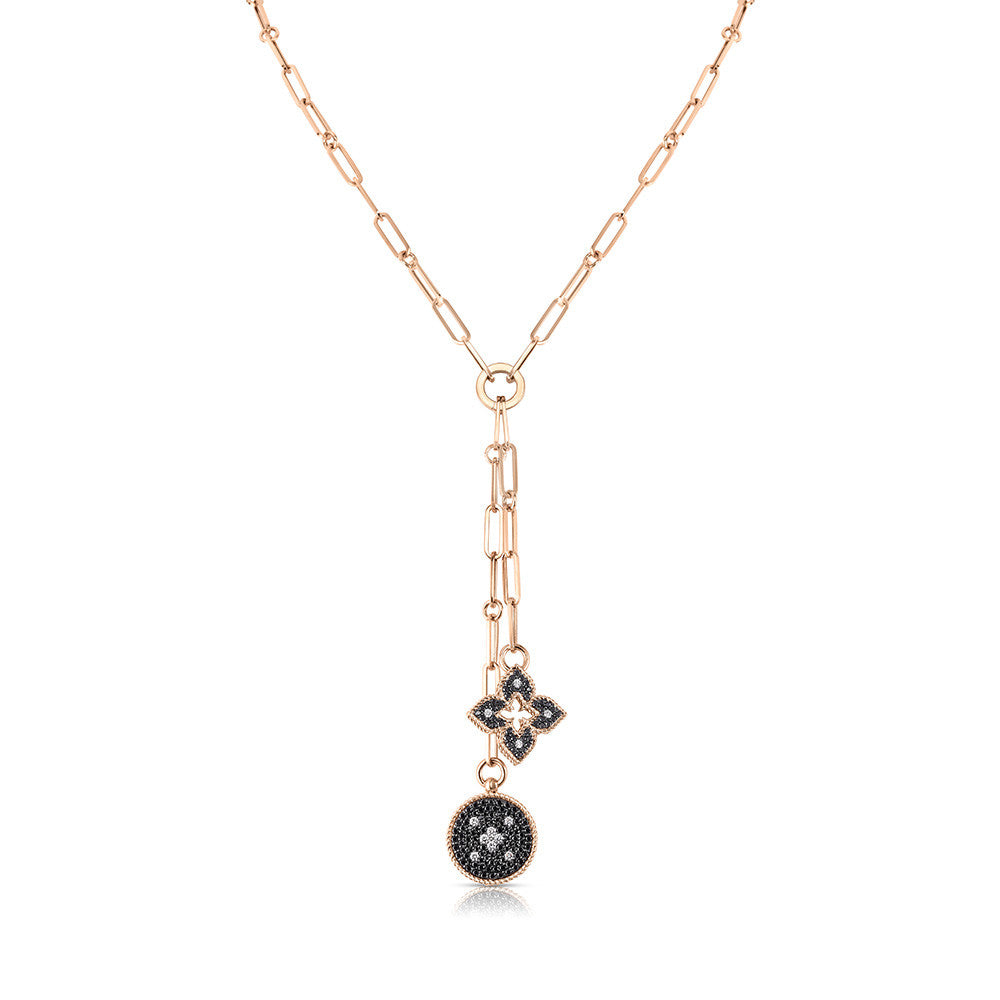 18K ROSE GOLD VENETIAN PRINCESS BLACK AND WHITE DIAMOND DOUBLE MEDALLION NECKLACE