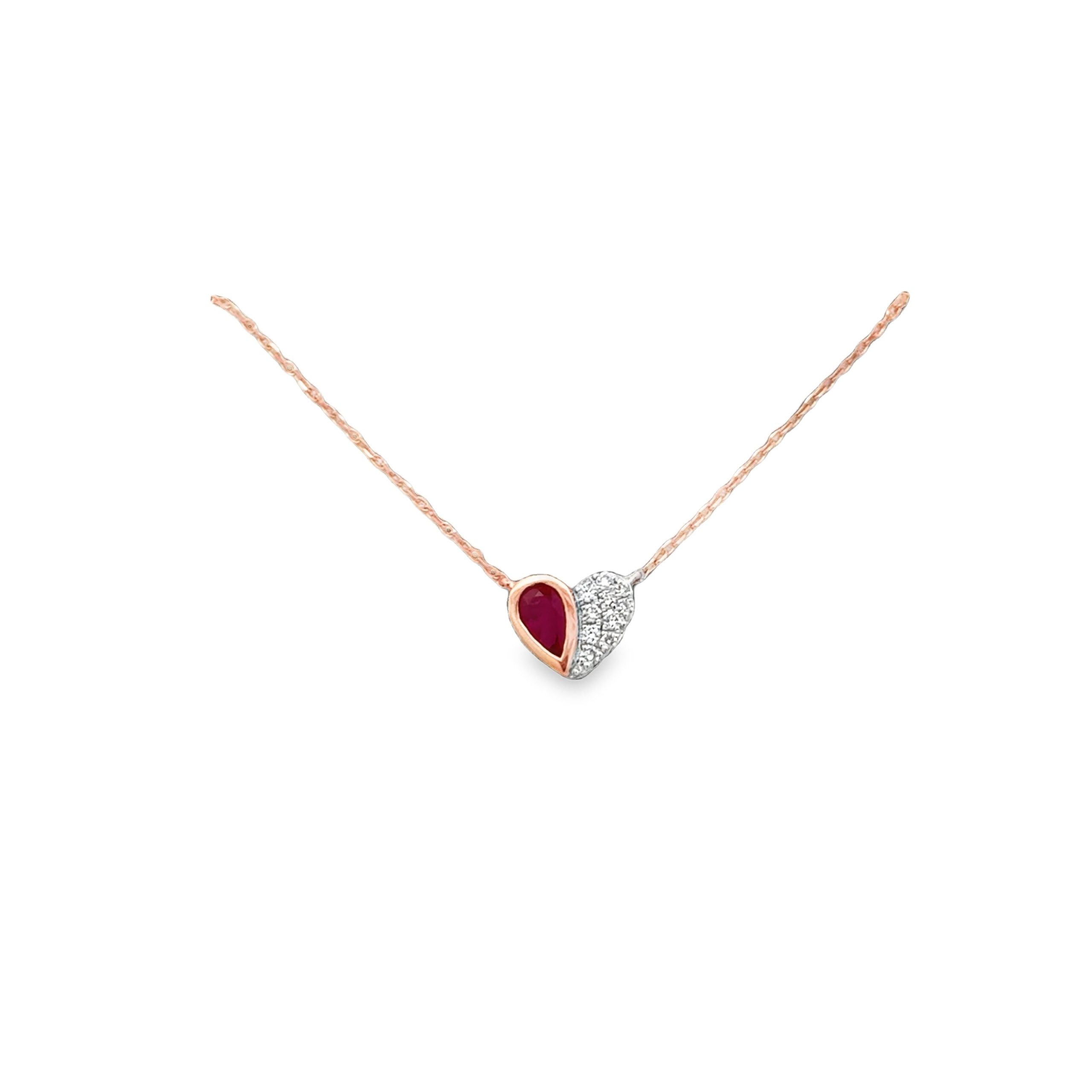 Gold Necklace with Heart Diamond and Pear Ruby