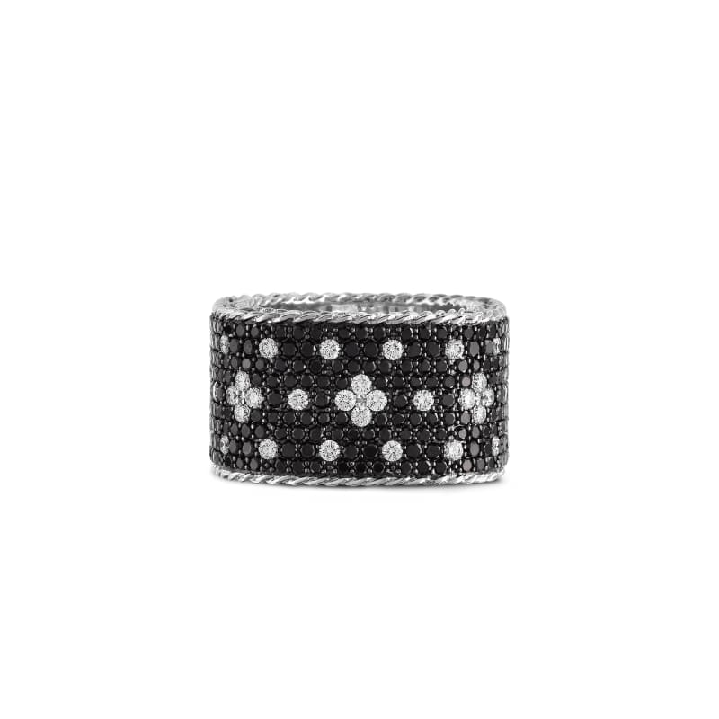 ROBERTO COIN 18KT GOLD WIDE RING WITH BLACK AND WHITE FLEUR DE LIS DIAMONDS FROM THE VENETIAN PRINCESS