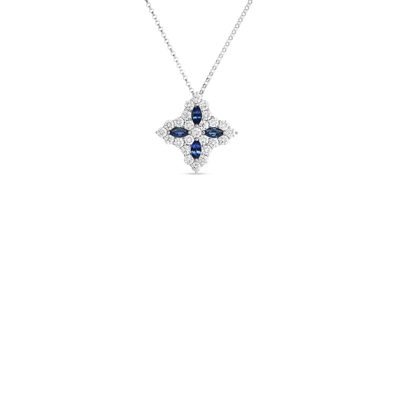 ROBERTO COIN 18K DIAMOND & SAPPHIRE LG FLOWER PENDANT ON CHAIN FROM THE PRINCESS FLOWER