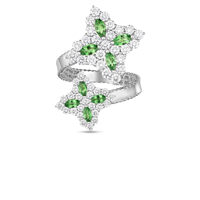 ROBERTO COIN 18K GOLD, DIAMOND & TSAVORITE PRINCESS FLOWER BYPASS RING FROM THE PRINCESS FLOWER