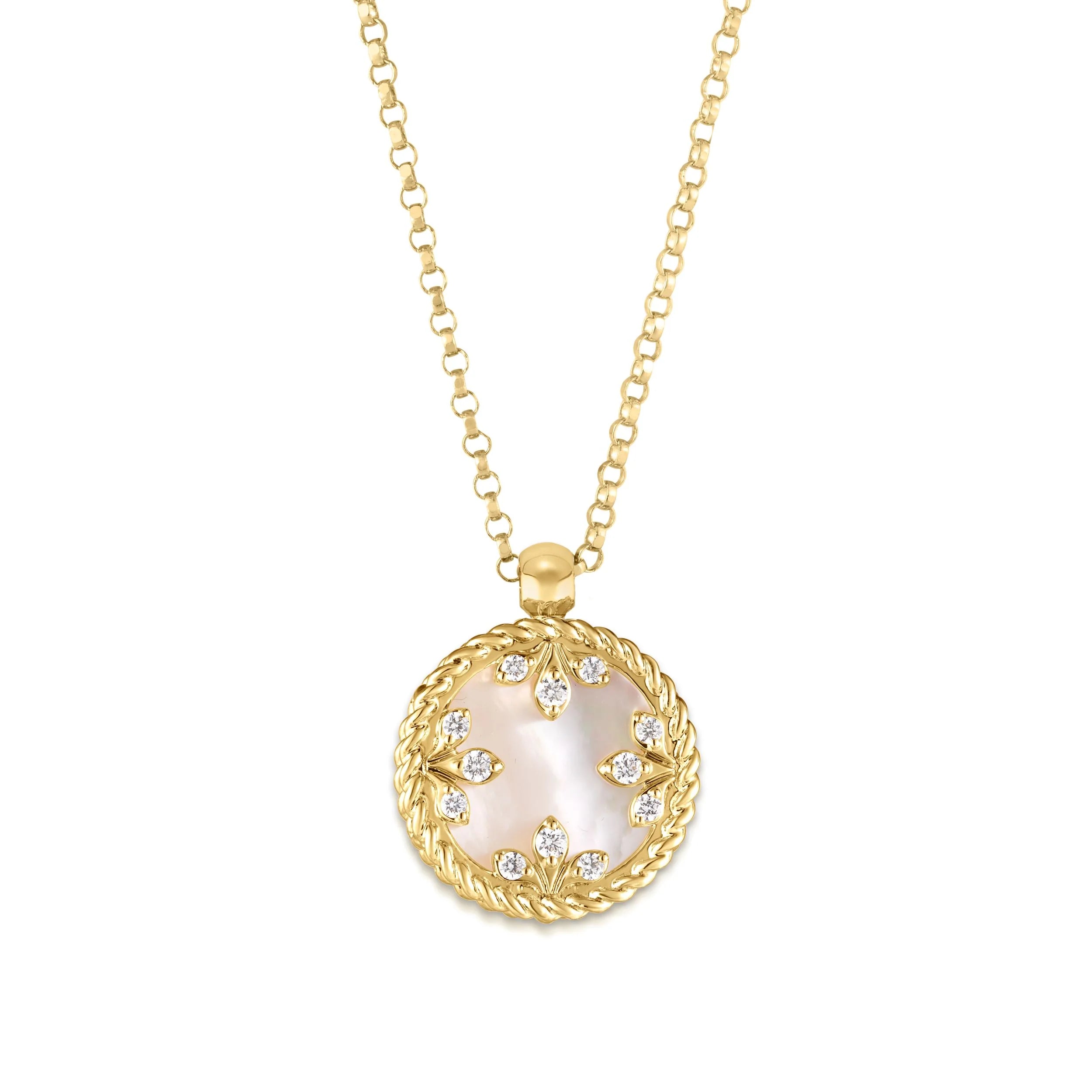 18k Yellow Gold And Mother Of Pearl Venetian Diamond Medallion Necklace