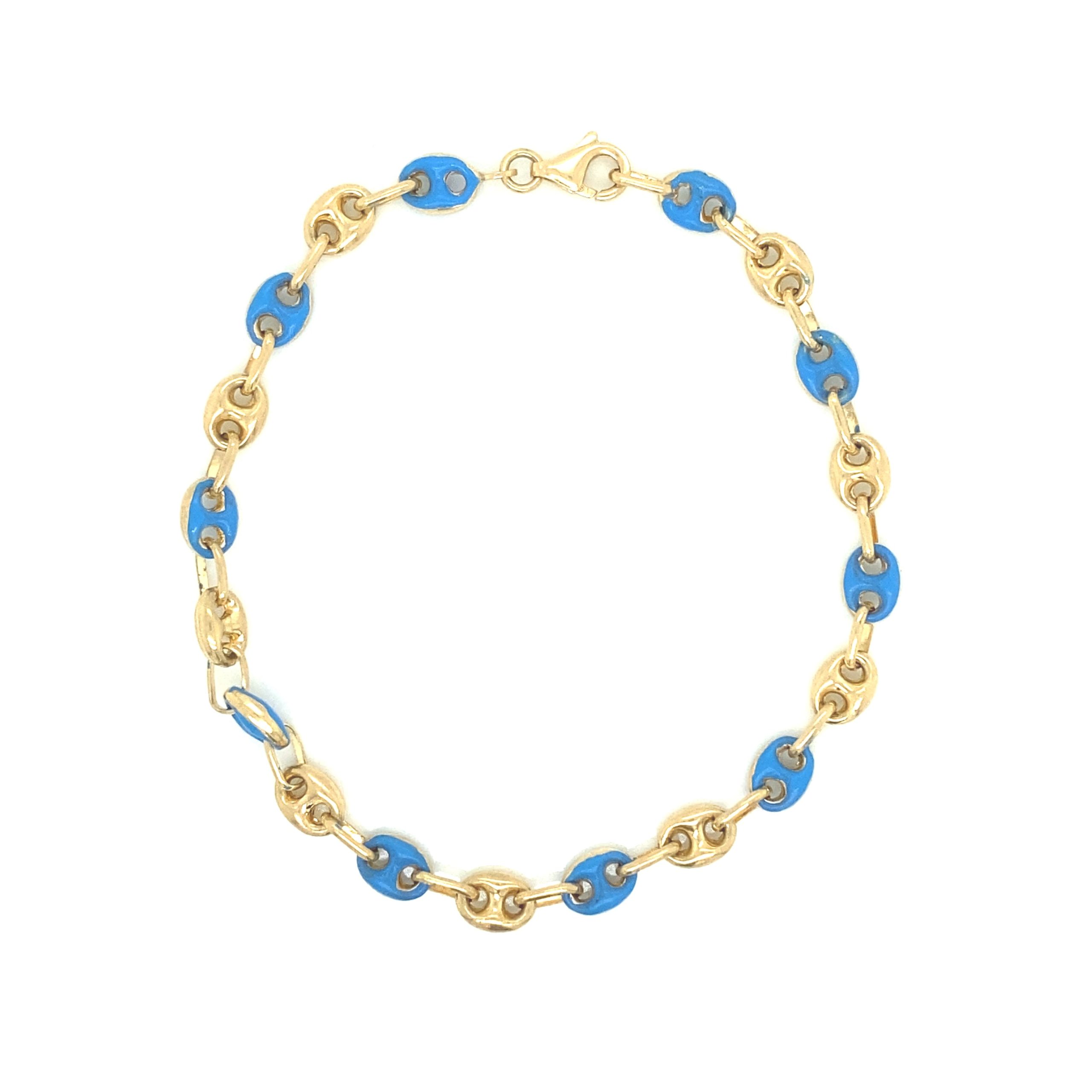 14k Gold Oval Link Blue Enamel Bracelet