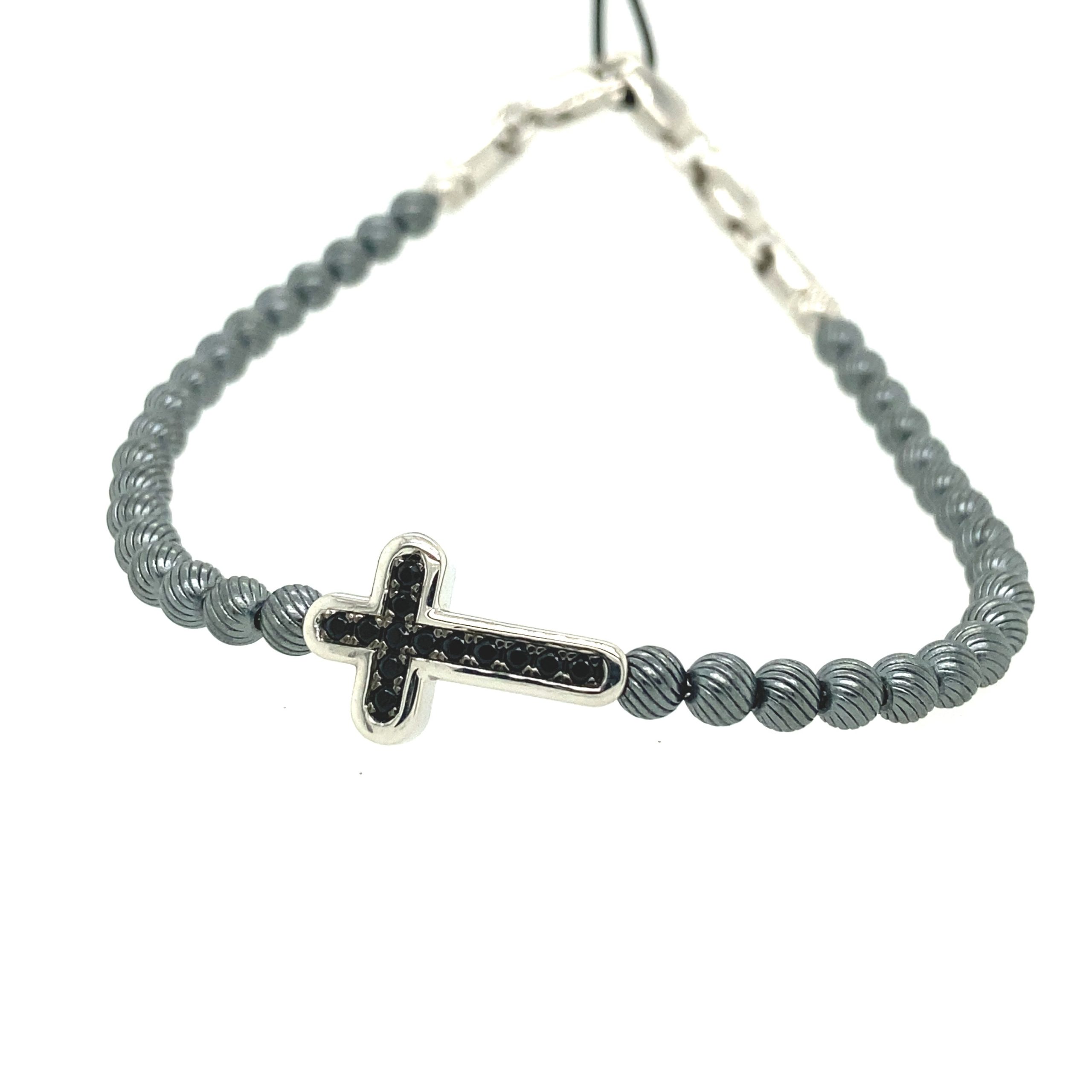 Grey Silver Beads with Black Spinels Cross Bracelet