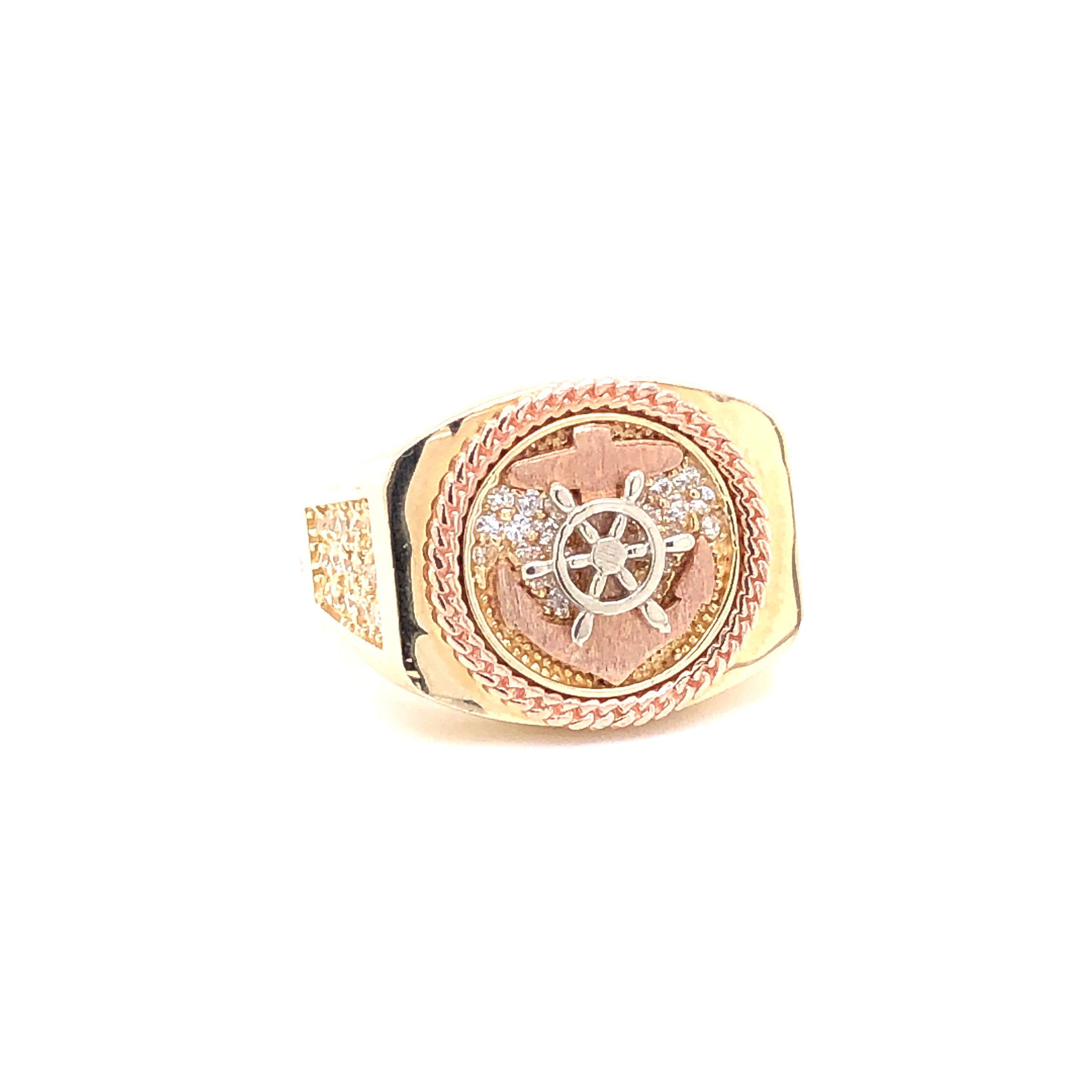 14K Anchor & Rudder Tri-Color Gold Men's Ring