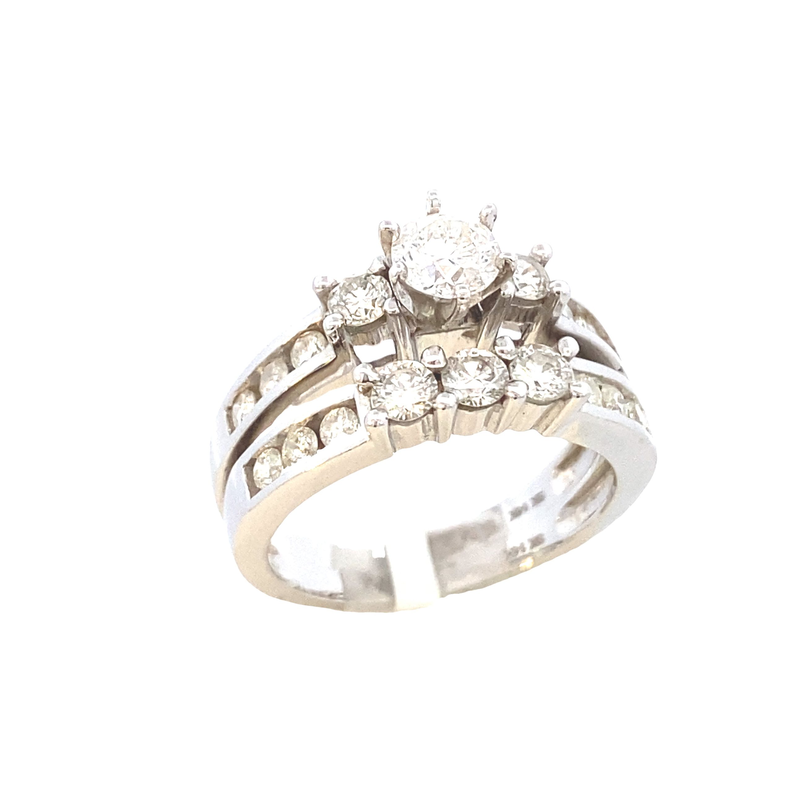 14k Diamond Six Prong Center Diamond Channel Set White Gold Engagement Set