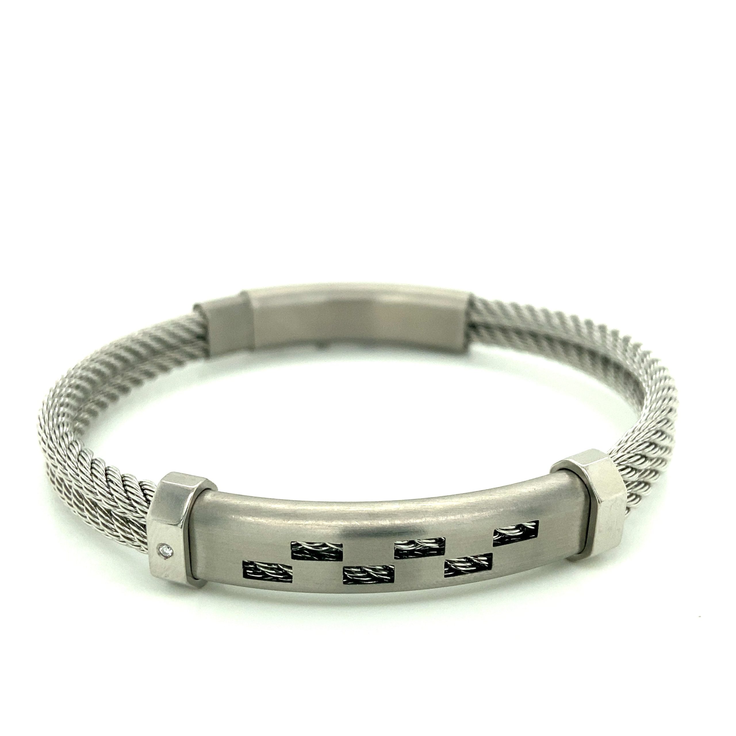 Double Silver Rope Bangle with Embellished White Diamond