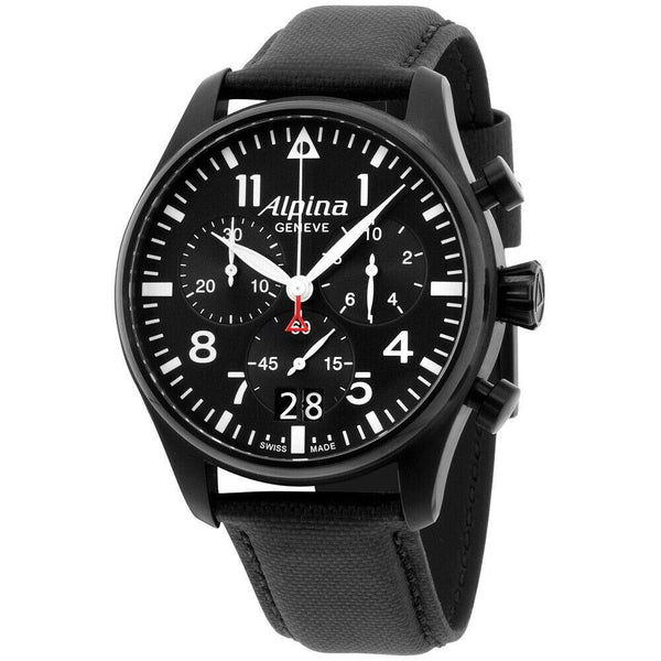 Alpina Men's AL-372B4FBS6 Startimer Pilot Chronograph Black Leather Watch