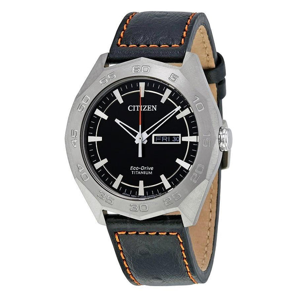 Citizen Men's AW0060-03E Eco-Drive Titanium Black Leather Watch