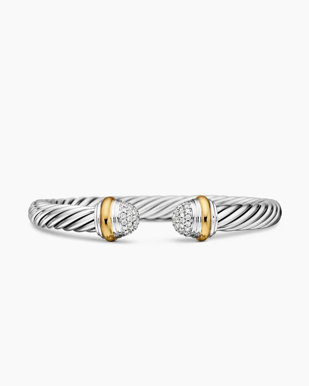 Classic Cable Bracelet Sterling Silver with 18K Yellow Gold and Pavé Diamond Domes, 7mm