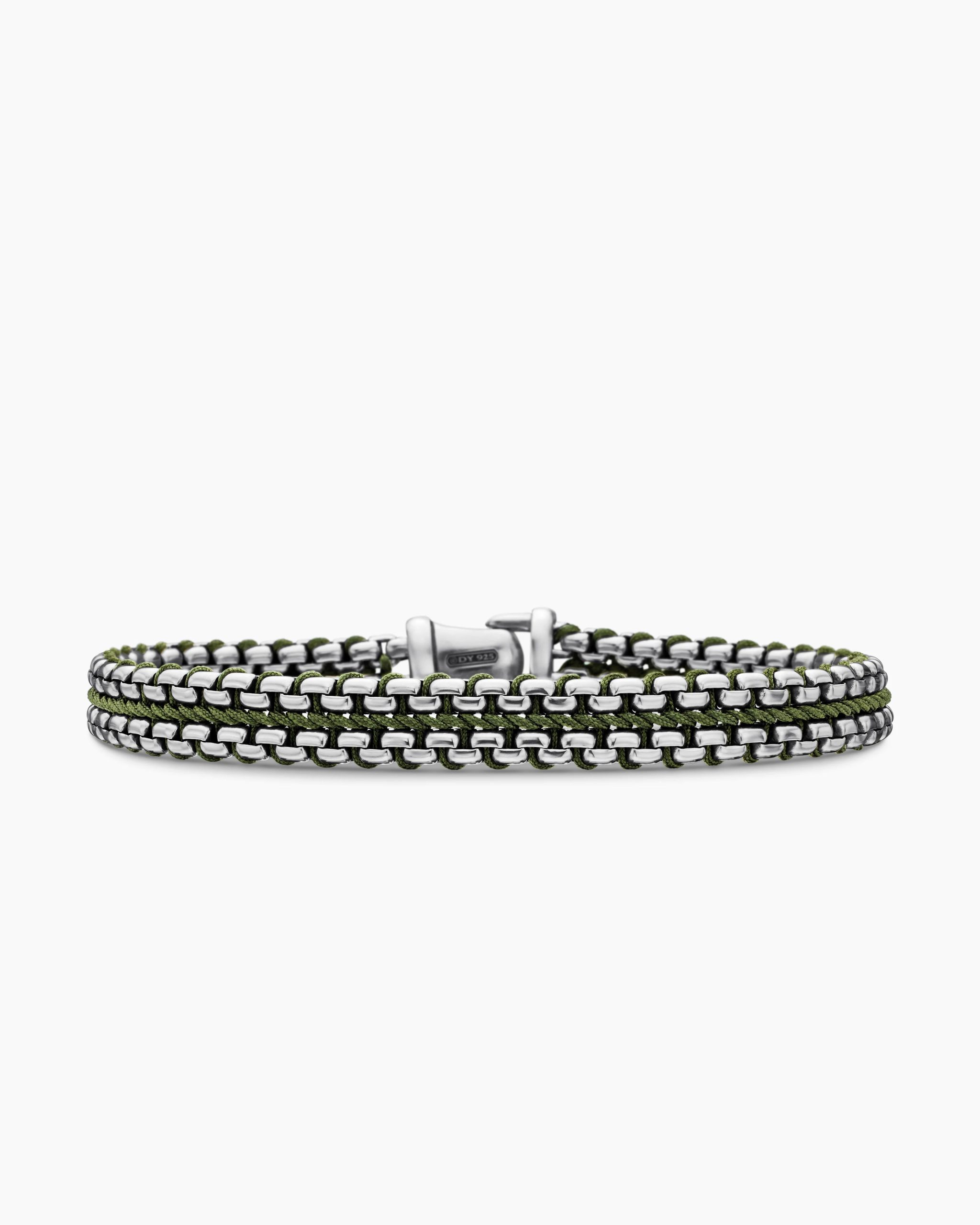 WOVEN BOX CHAIN BRACELET Sterling Silver with Green Nylon, 10mm