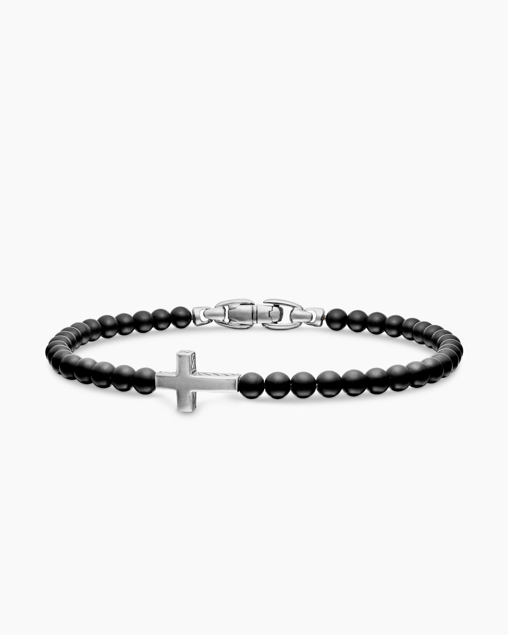 SPIRITUAL BEADS CROSS STATION BRACELET Sterling Silver with Black Onyx, 4mm