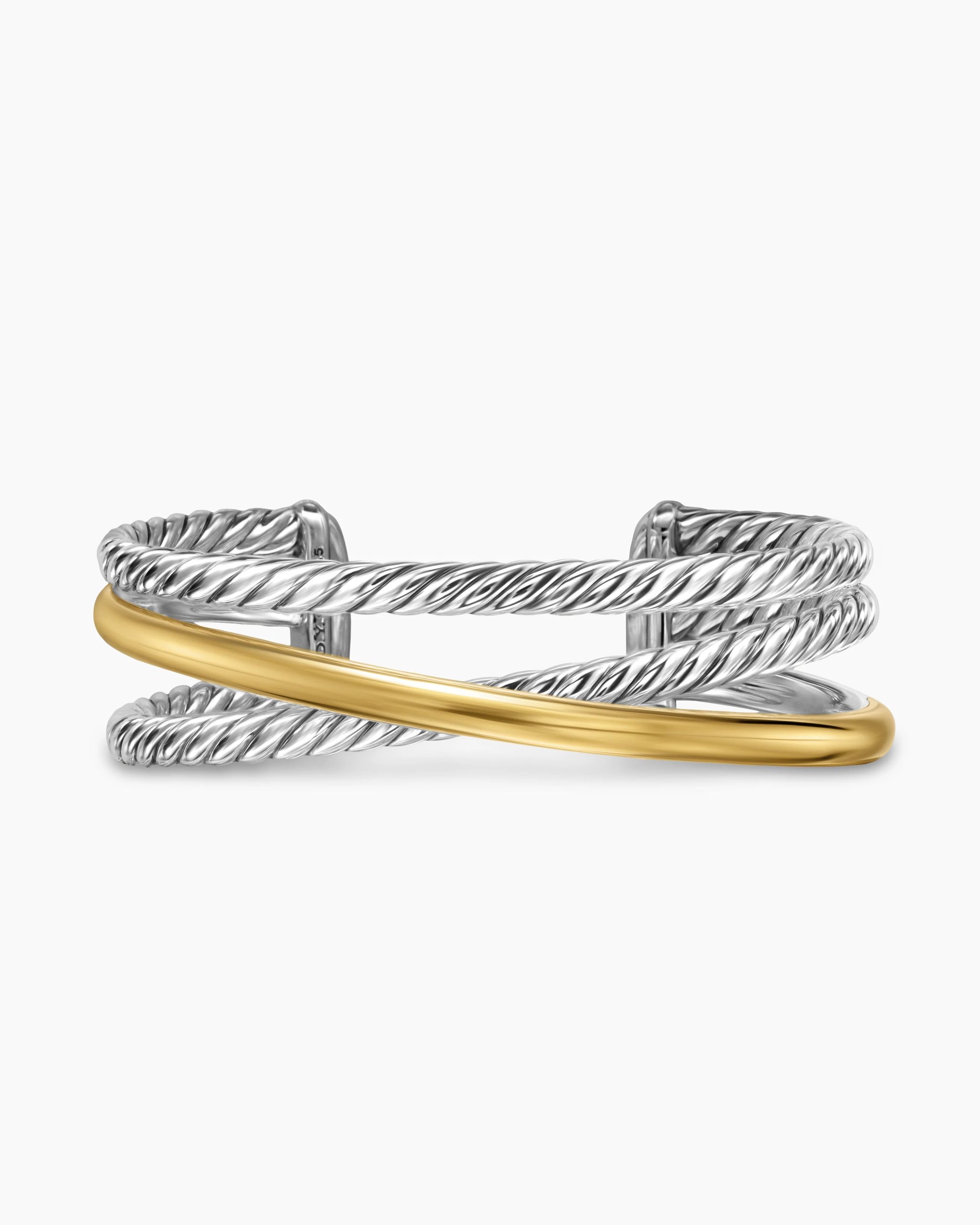 Bold Crossover Three Row Cuff Bracelet Sterling Silver with 14K Yellow Gold, 19mm