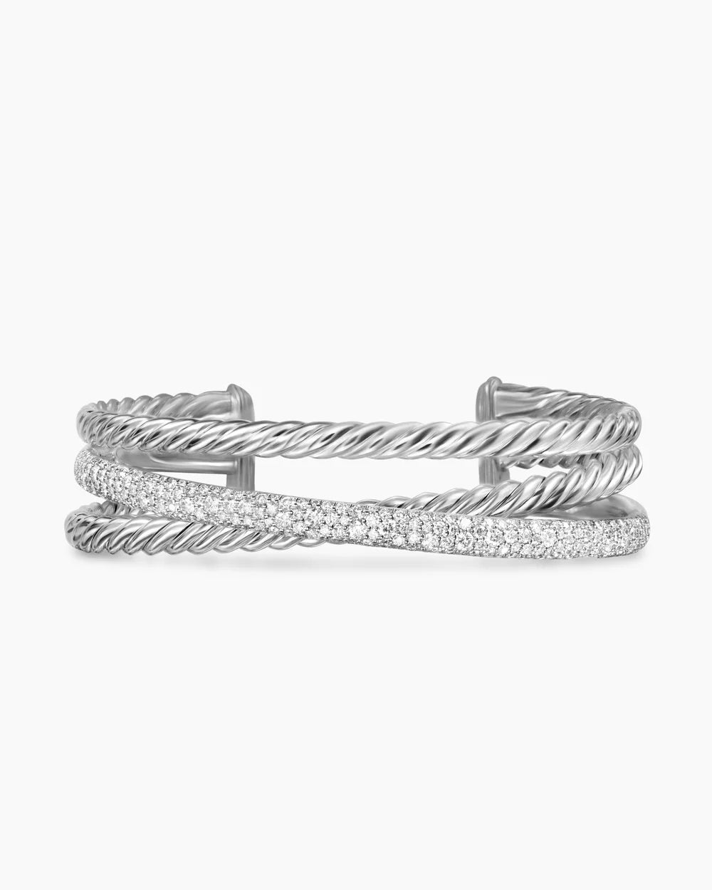 Pavé Crossover Three Row Cuff Bracelet Sterling Silver with Diamonds, 20mm