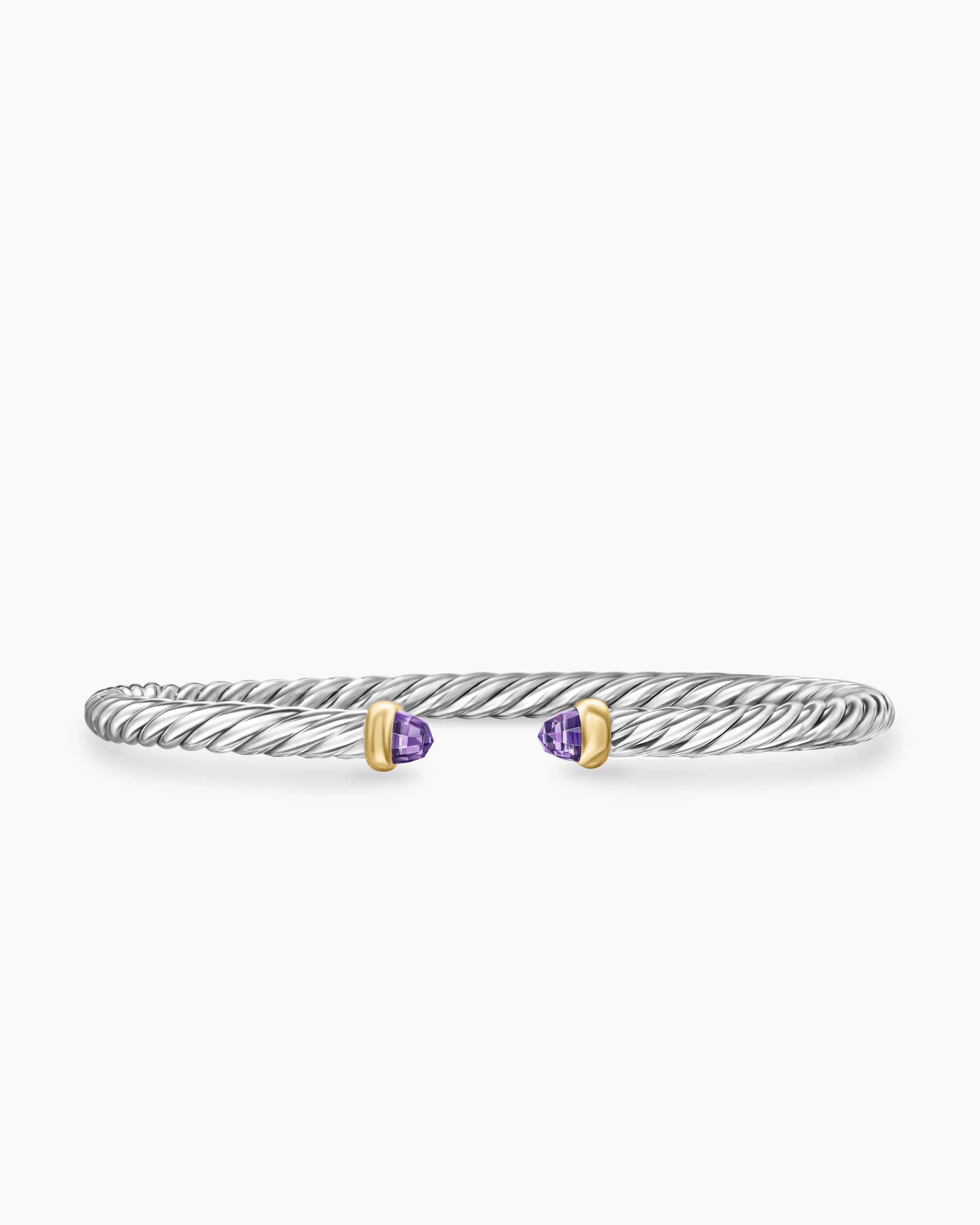 Cable Flex Bracelet Sterling Silver with 14K Yellow Gold and Amethyst, 4mm