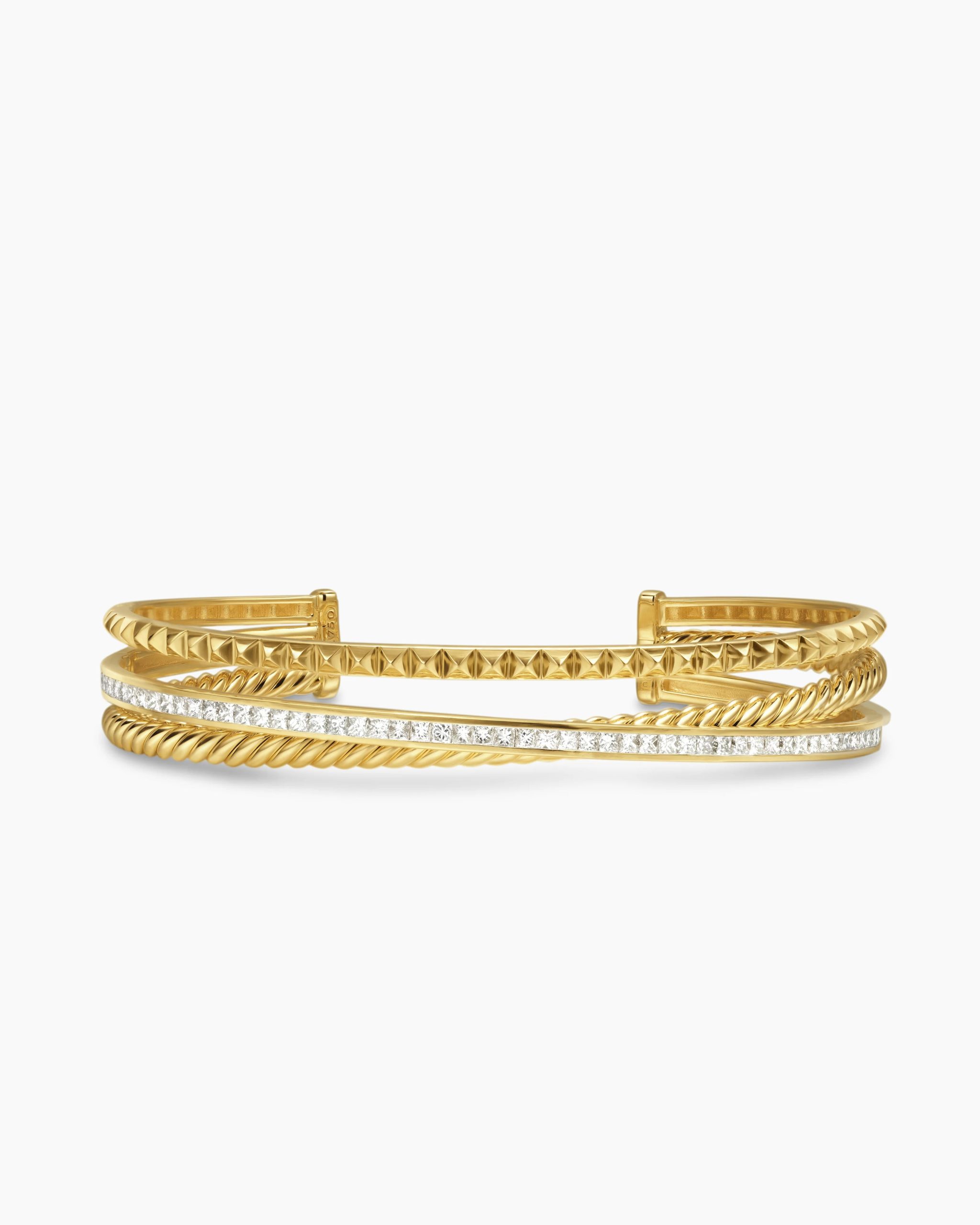 Crossover Trio Three Row Cuff Bracelet 18K Yellow Gold with Diamonds, 11mm