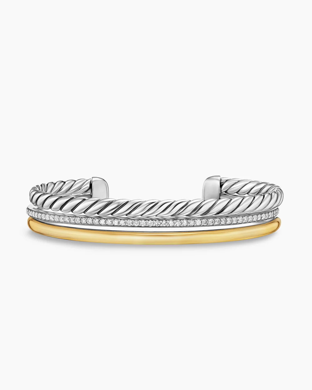 DY Mercer® Three Row Cuff Bracelet Sterling Silver with 18K Yellow Gold and Diamonds, 10.4mm