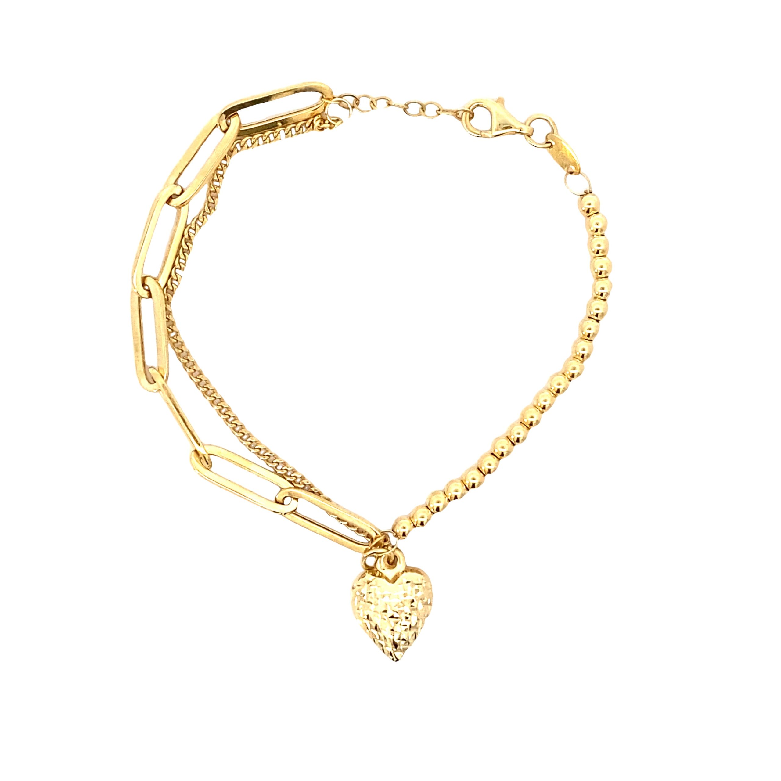 14K Gold Paper Clip Link and Heart Dangling Bracelet