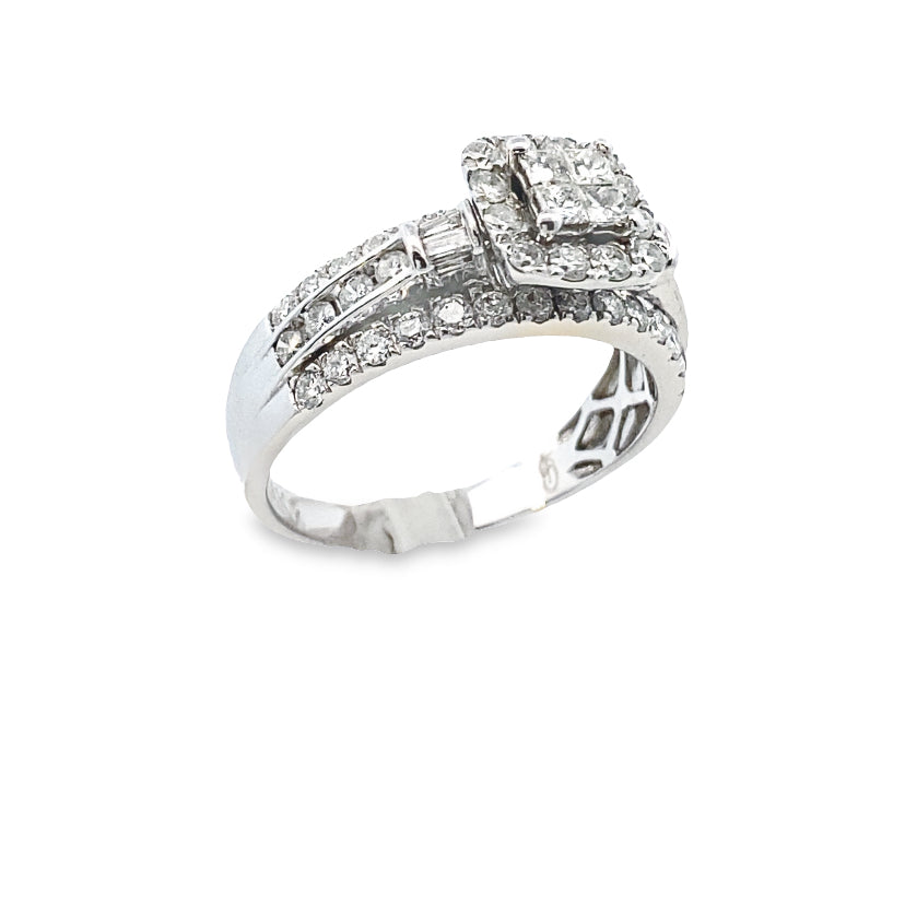14k Diamond Square-Shaped White Gold Wide Band Engagement Ring