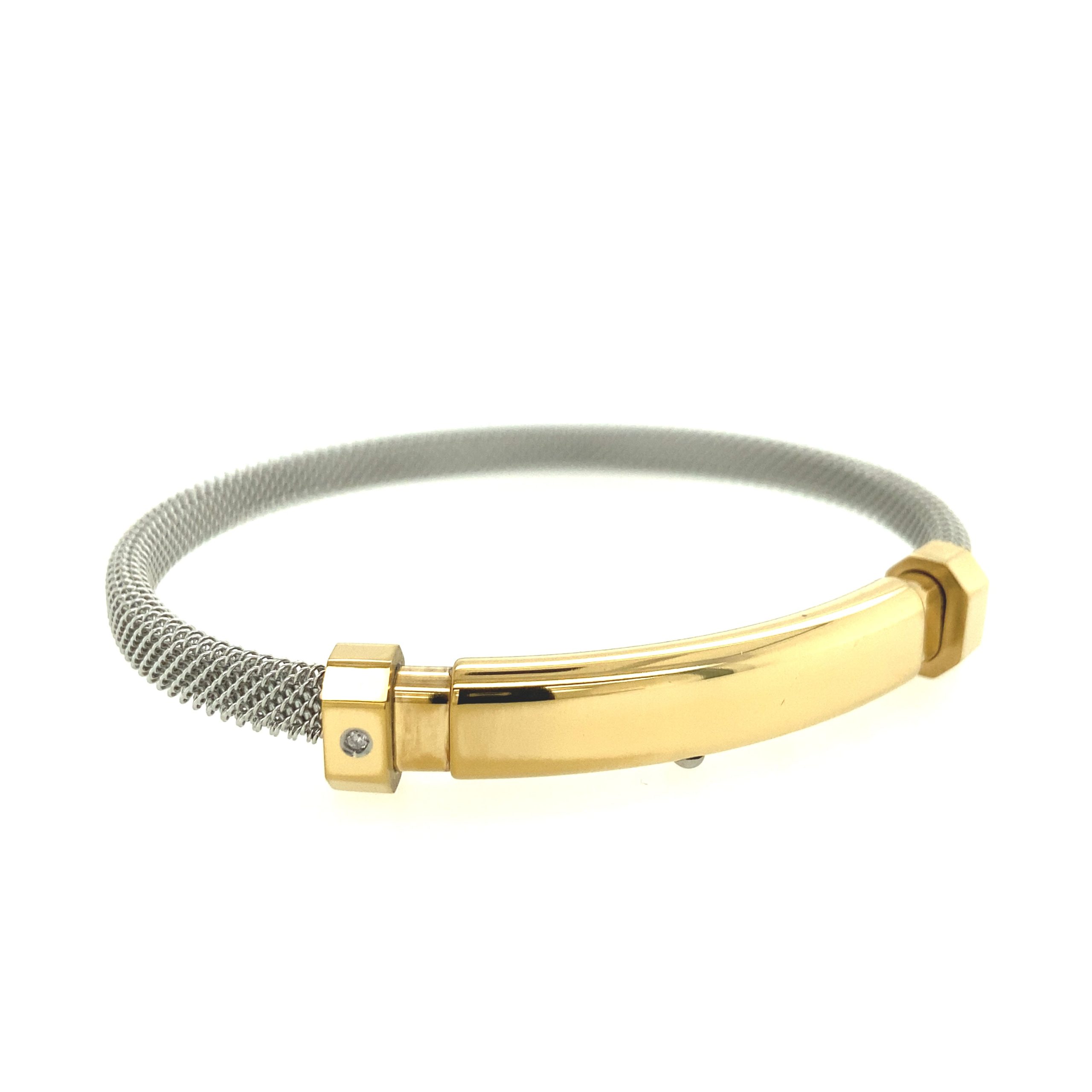 FLAT STAINLESS STEEL BANGLE WITH GOLD CLASP WITH DIAMOND