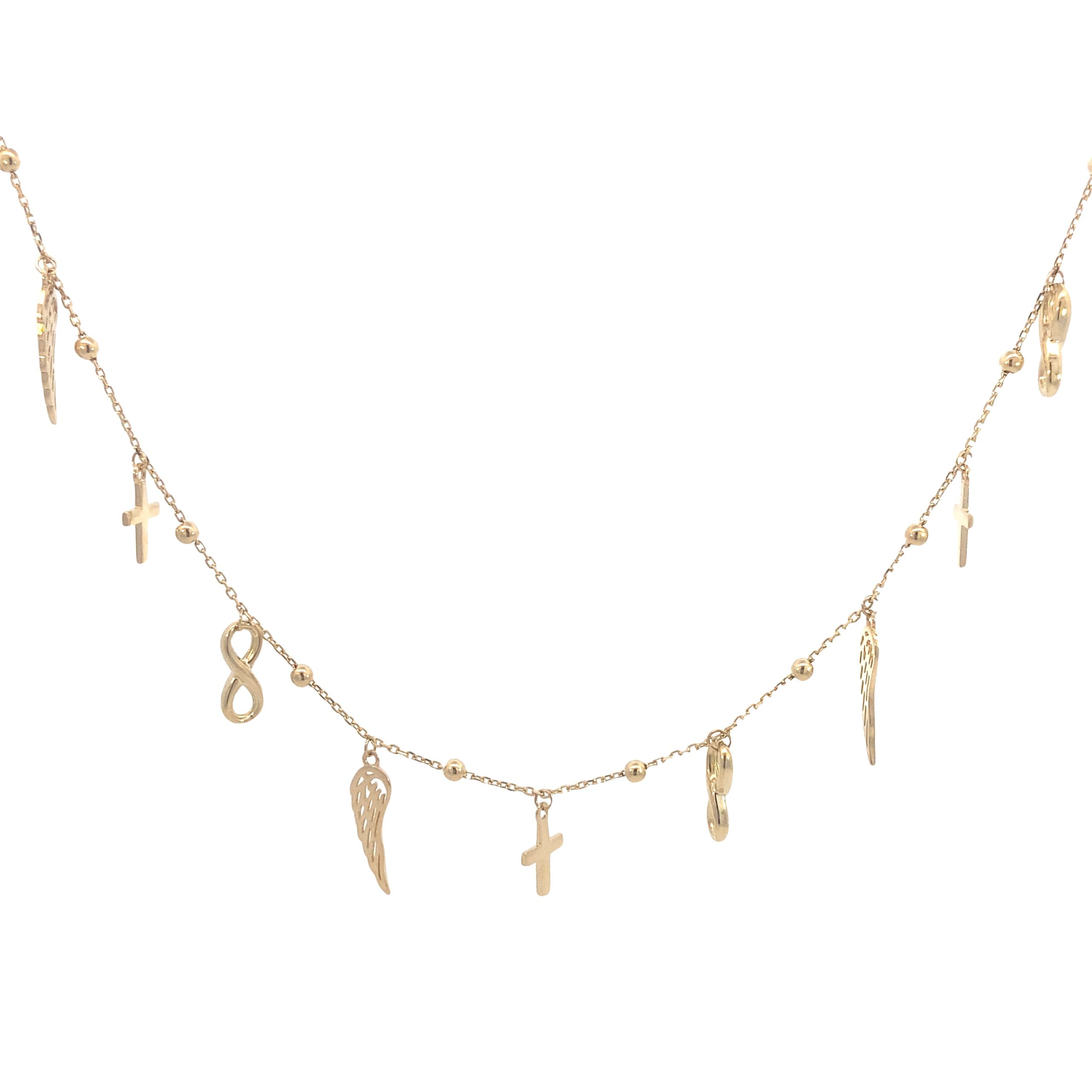 14K Gold Necklace with Dangle Charms Infinity, Cross and Wings