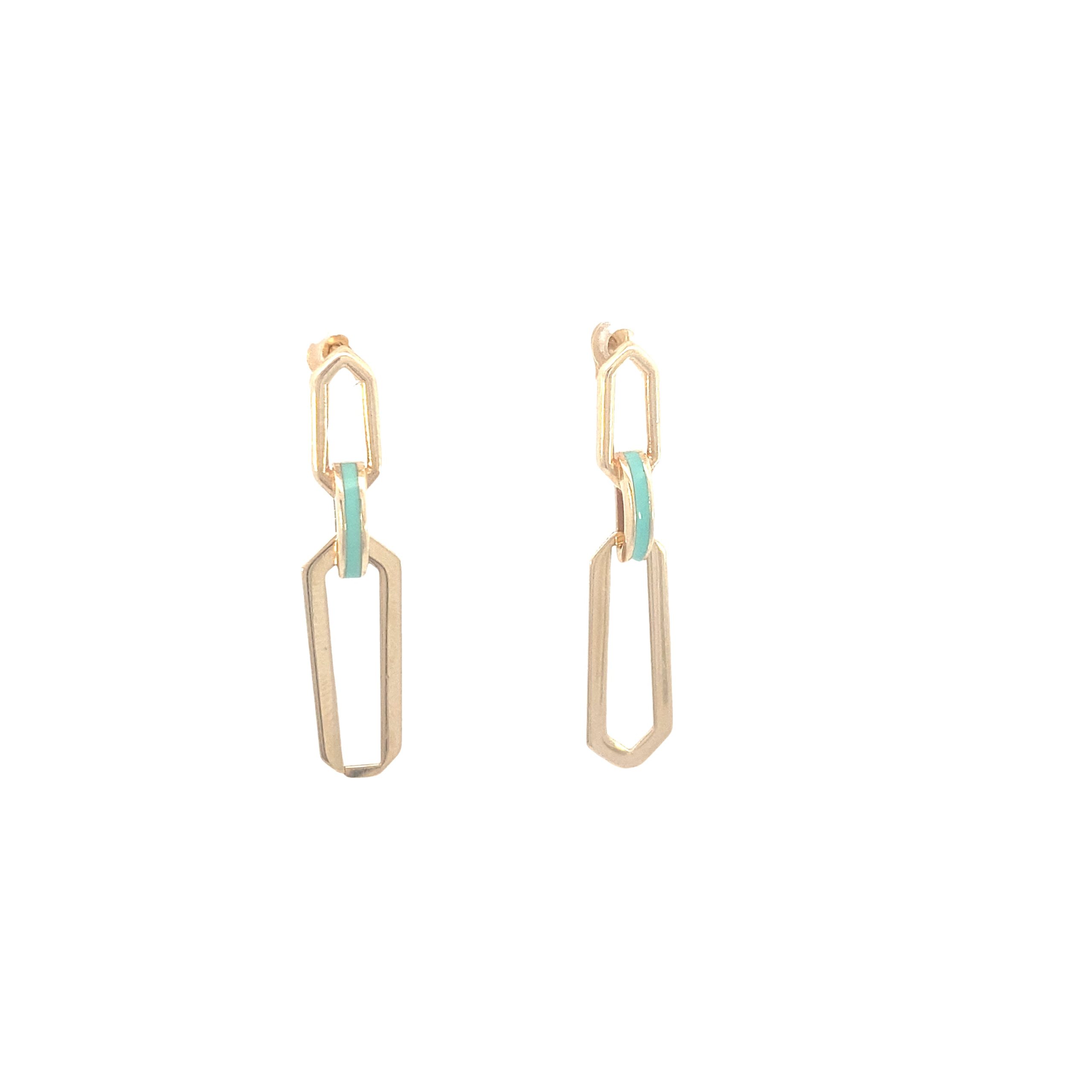 14K Gold Links Earrings with Blue Enamel